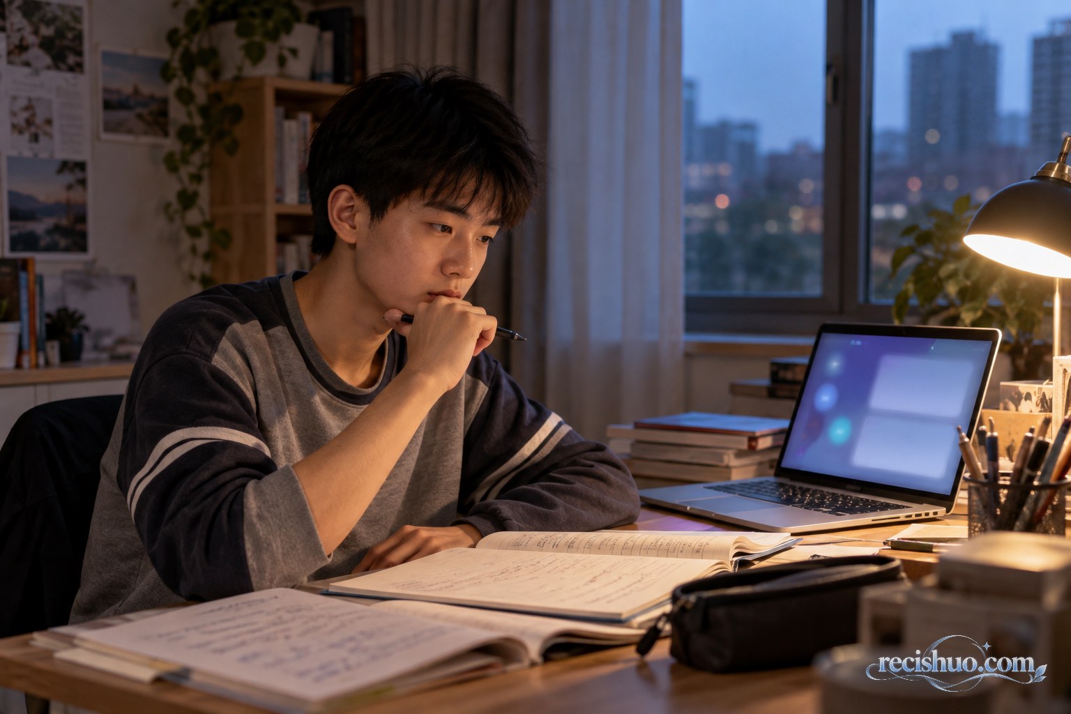 中学生在书桌前面对作业与电脑思考如何使用智能工具