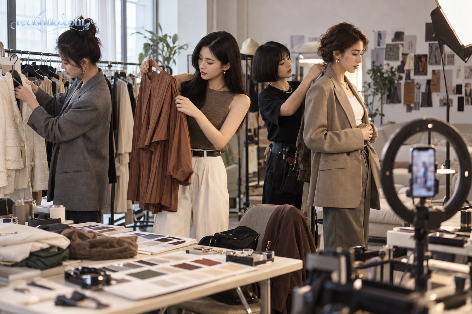 多位时尚内容创作者与造型人员在直播工作室内共同准备服装搭配