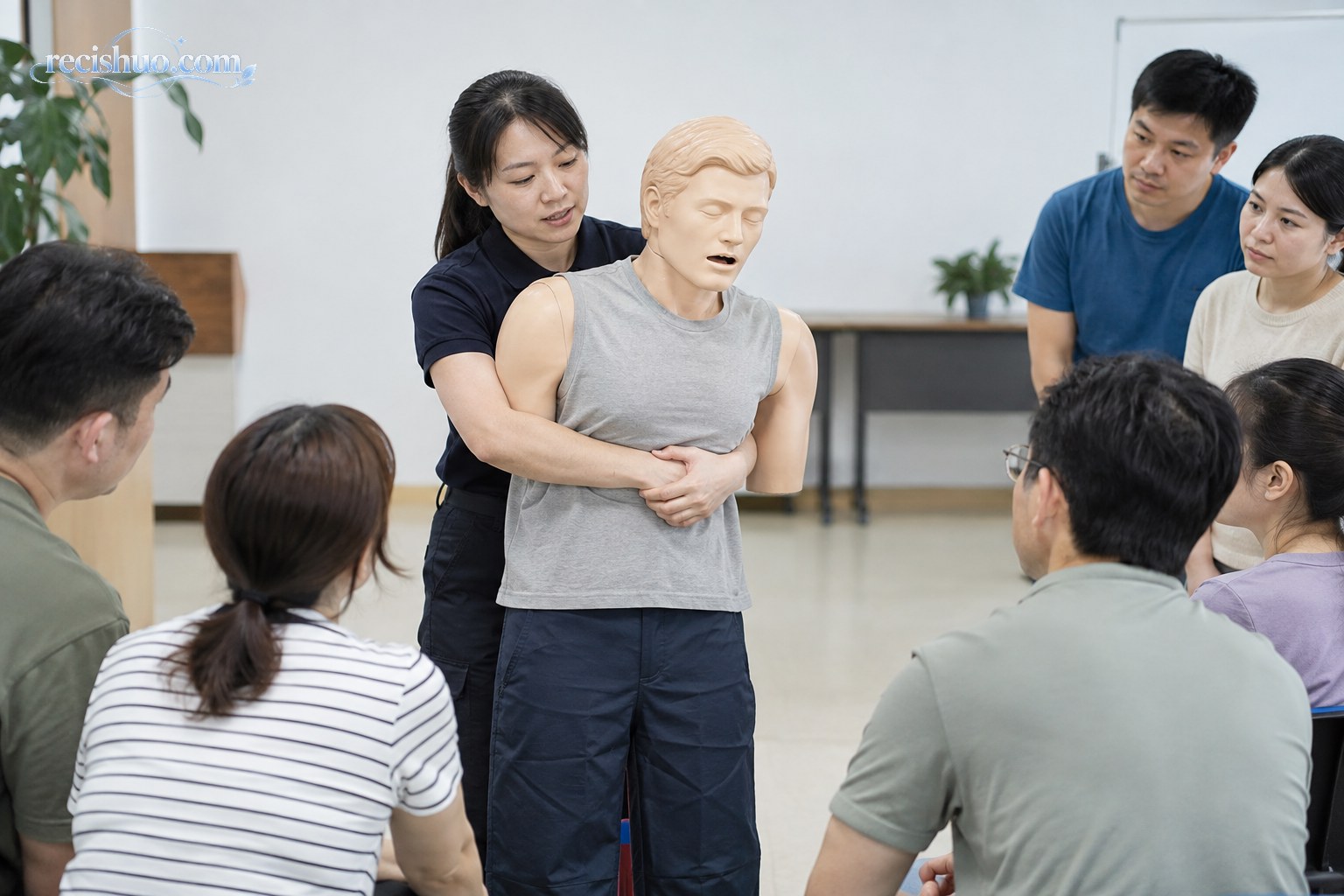 急救培训师在课堂上借助成人模型演示气道异物梗阻处置动作
