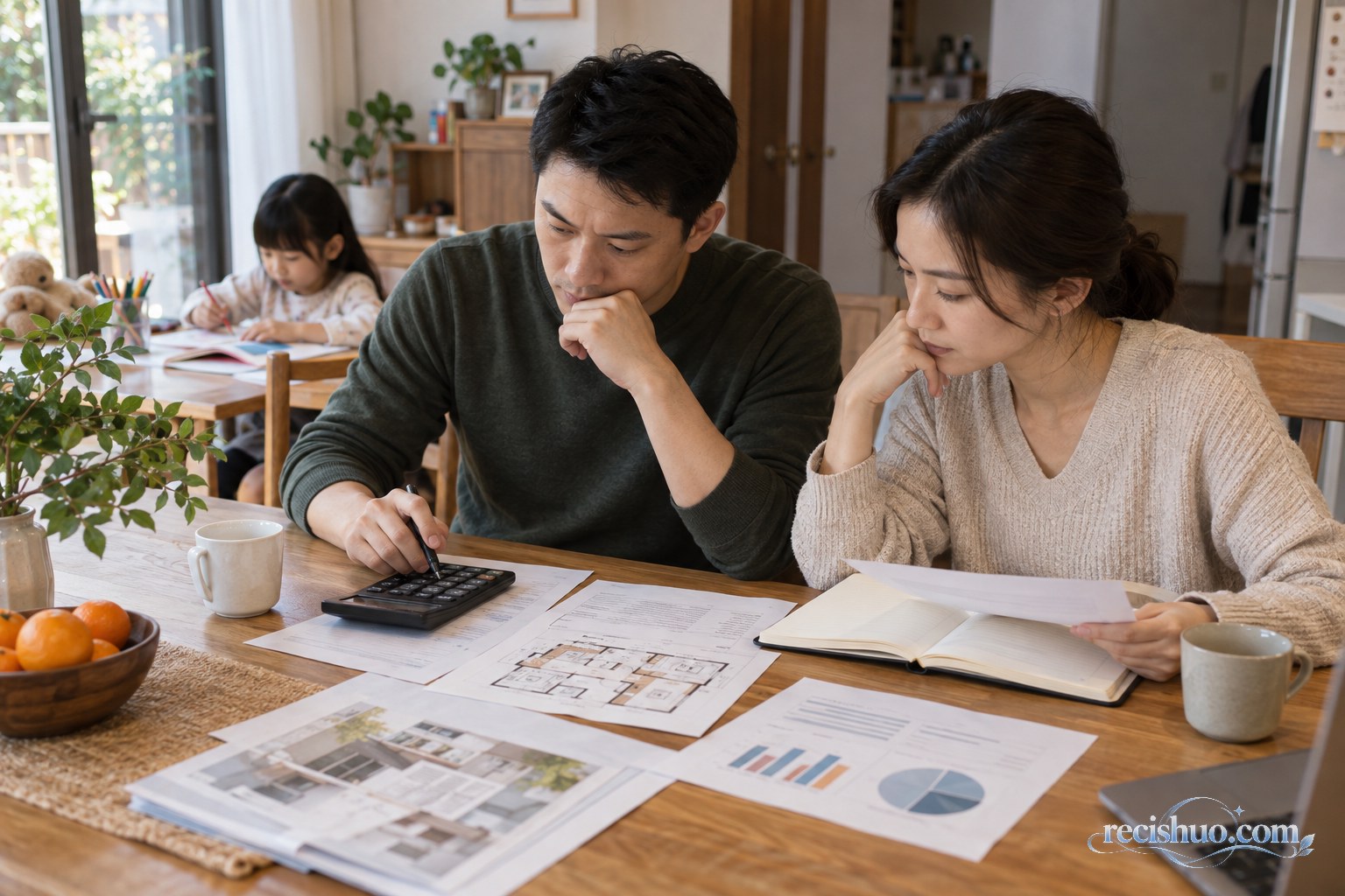 一家人在餐桌旁核算住房贷款月供与家庭长期收支