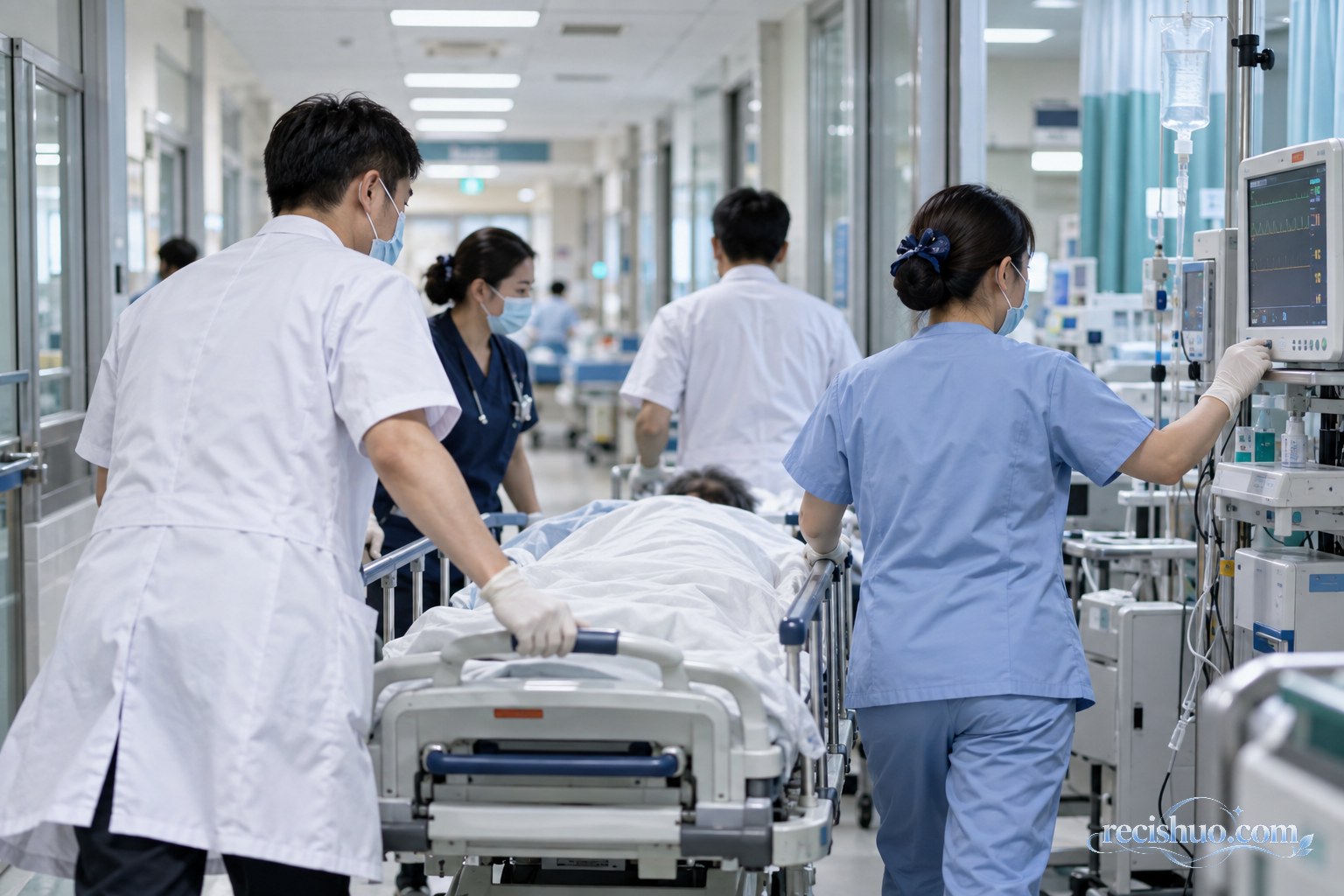 医院急诊团队在走廊内转运患者并查看监护设备