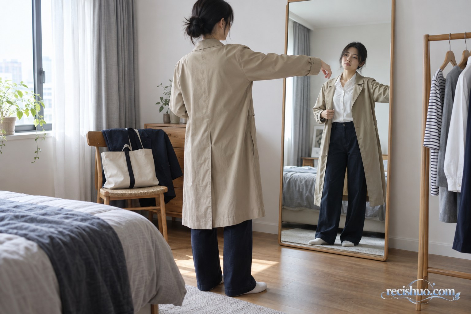 年轻女性穿着白衬衫和卡其色风衣,在全身镜前检查衣服的活动舒适度