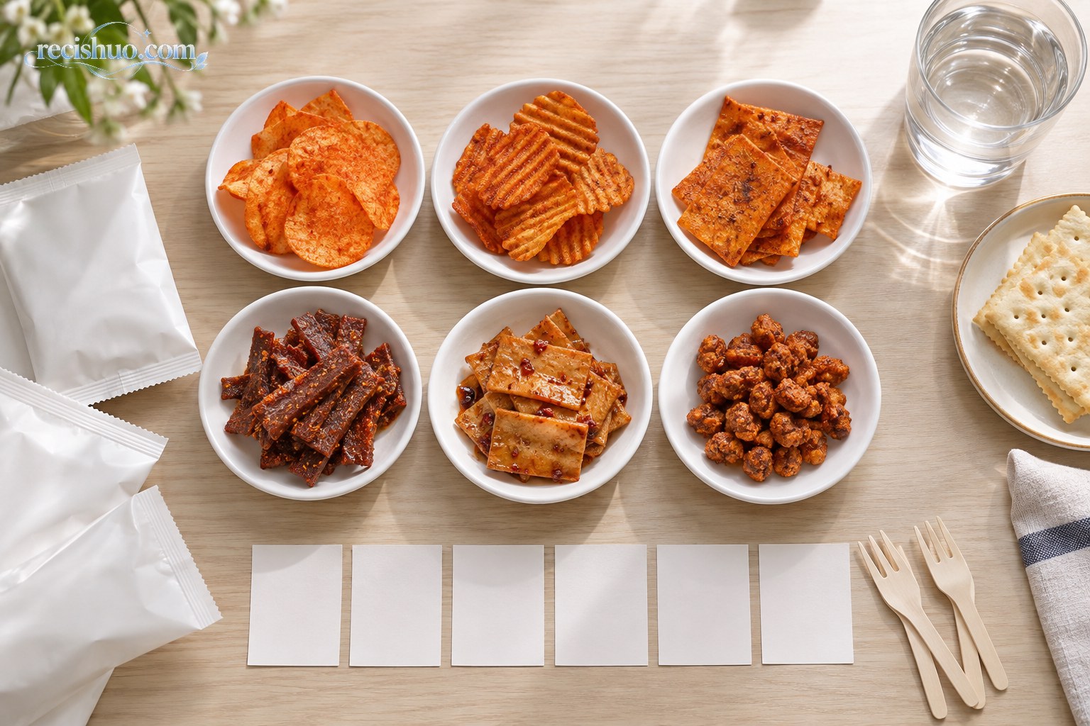 六碟不同形态的辣味零食与清水、苏打饼和空白评分卡