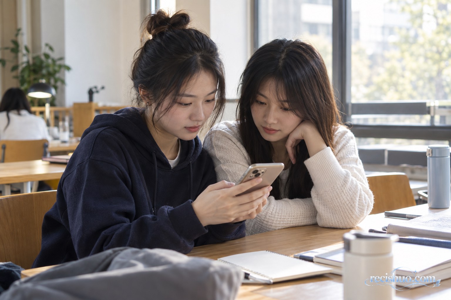 两名大学生在公共学习区共同挑选手机原相机照片