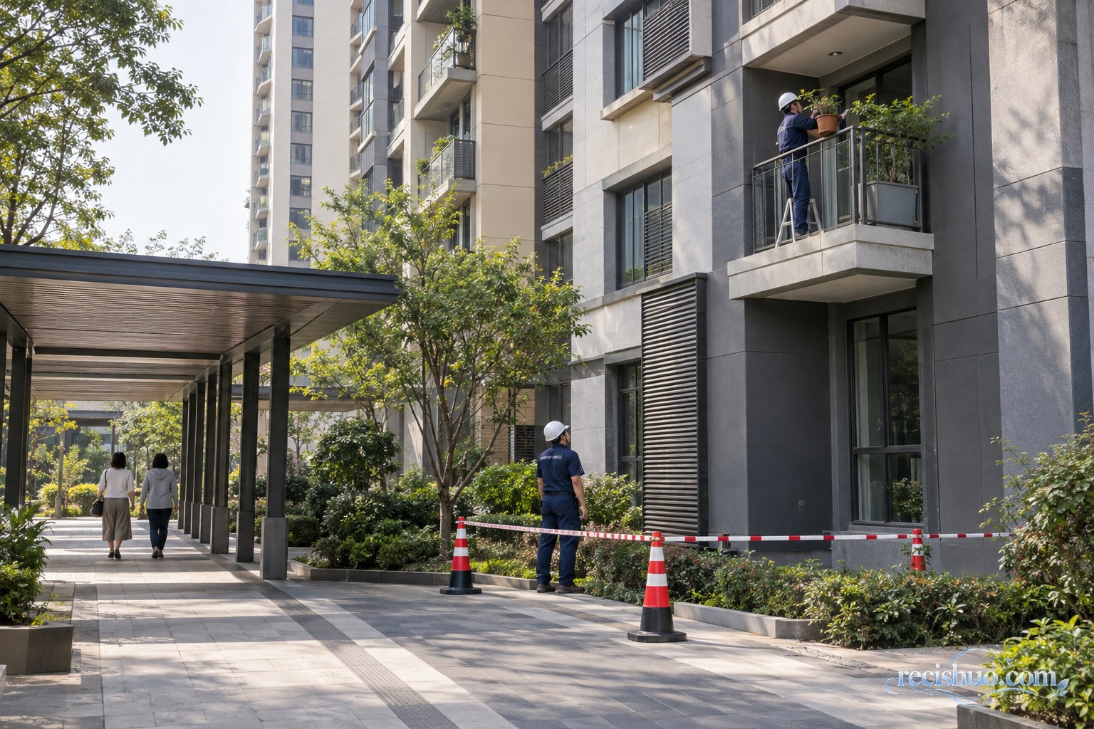 社区工作人员排查楼体风险并引导居民从有遮挡的通道通行
