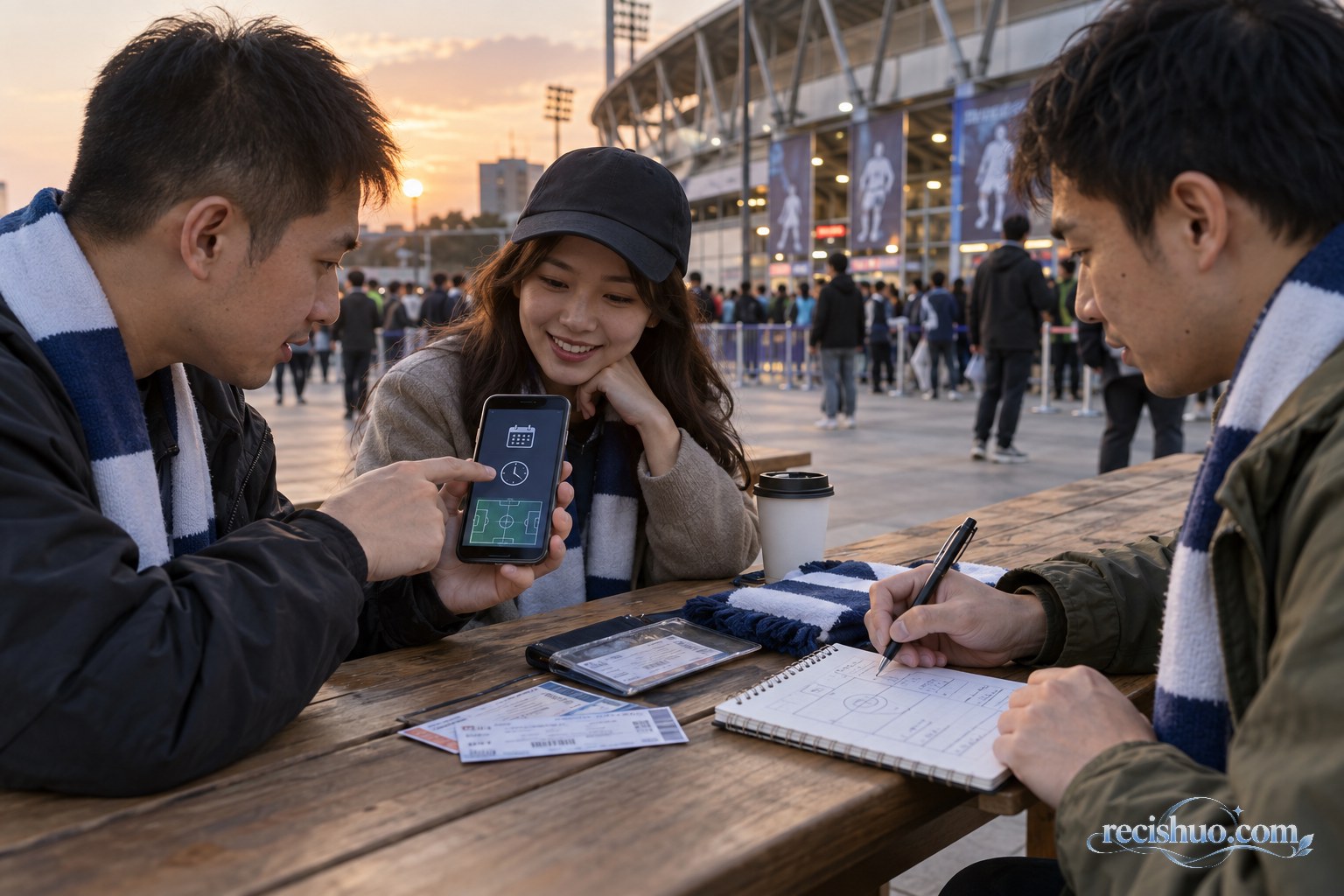 三名球迷在体育场外通过手机和笔记核对比赛信息