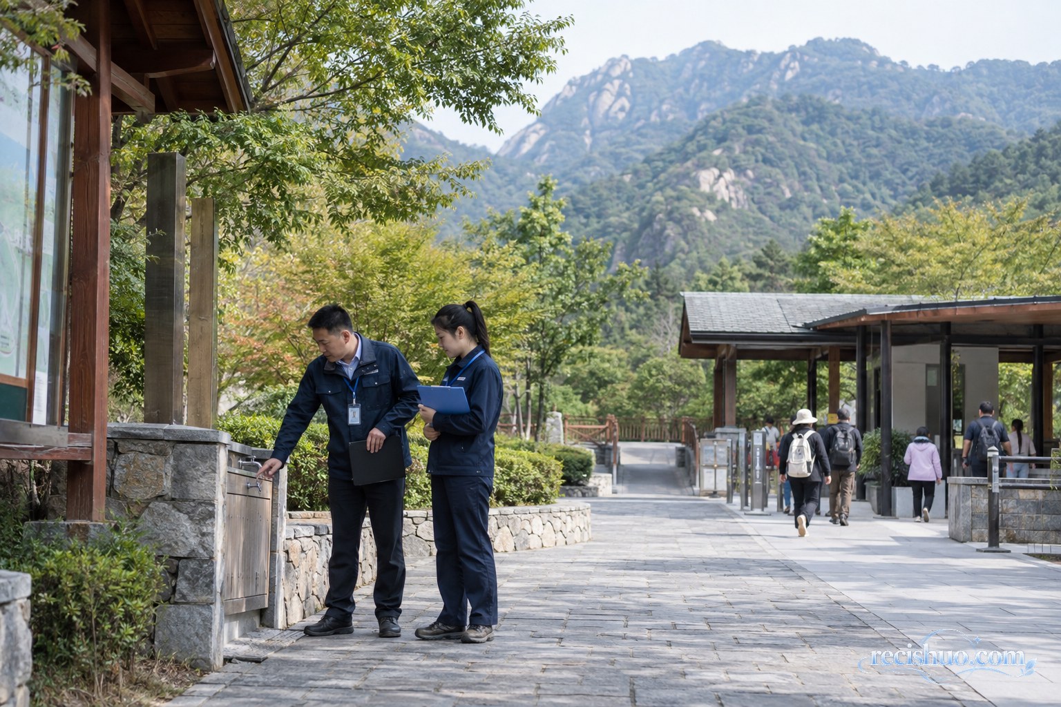 工作人员在山水型旅游景区公共区域检查服务设施,远处游客有序通行