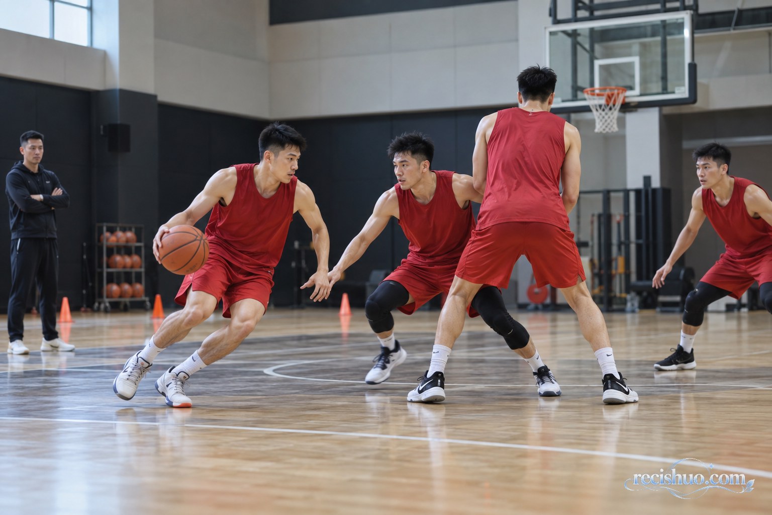 身穿红色训练服的篮球运动员在教练注视下演练半场战术