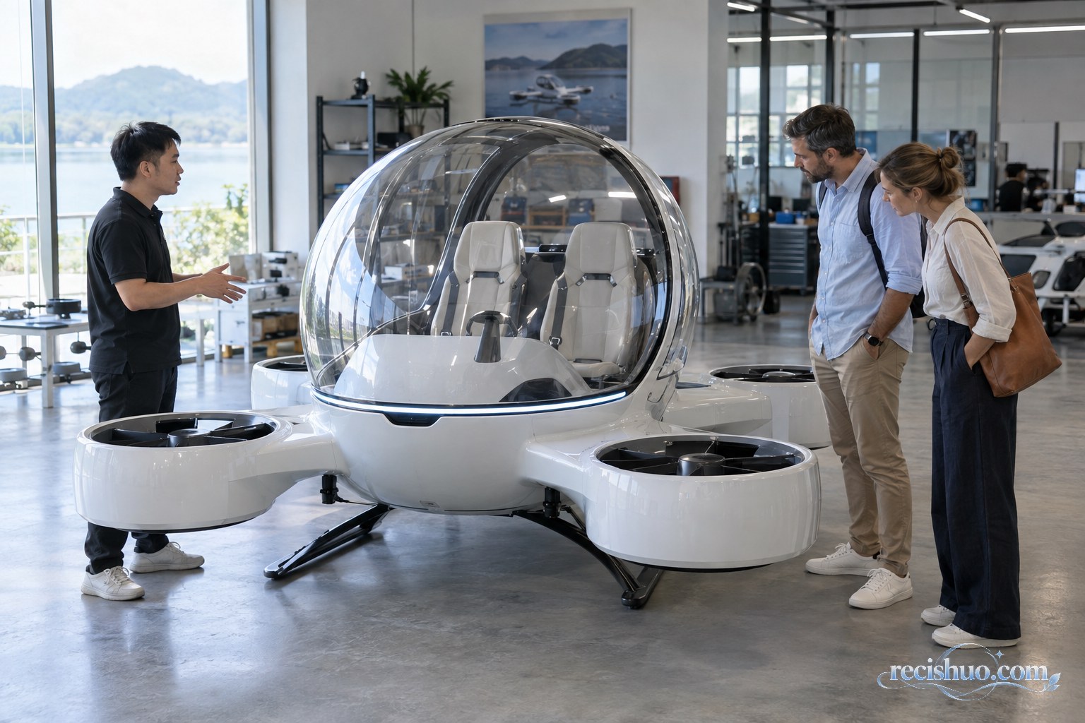 经营者在展厅向海外客商介绍双座球形舱飞行器的示意画面