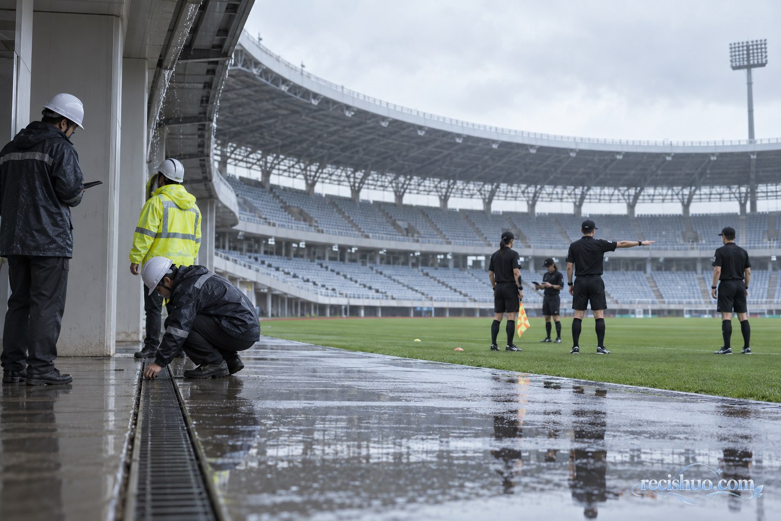 雨后工程人员检查场馆排水并由裁判团队演练竞赛流程