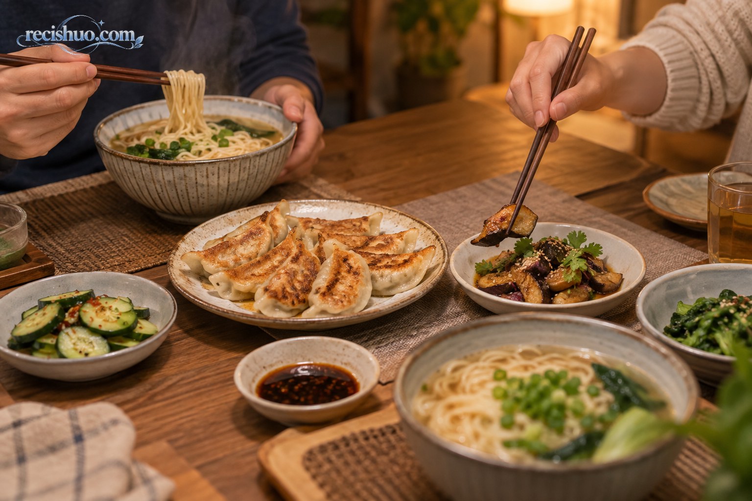 两人在家中晚餐时以熟悉面食和煎饺搭配一份新配菜