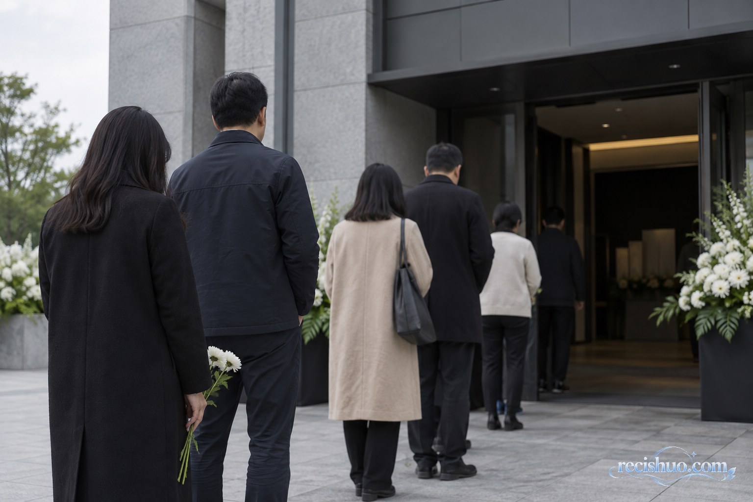参加悼念活动的人们手持白花在公共建筑入口安静排队