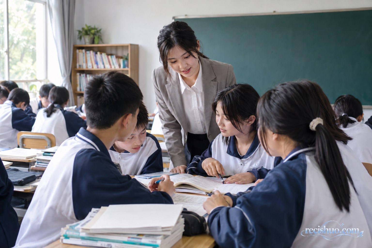 教师在明亮的中学教室里指导学生开展小组学习