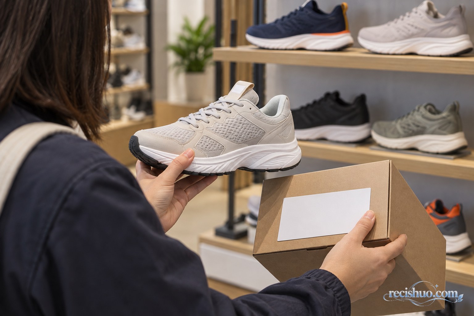 消费者在运动用品门店查看无品牌跑鞋和鞋盒信息