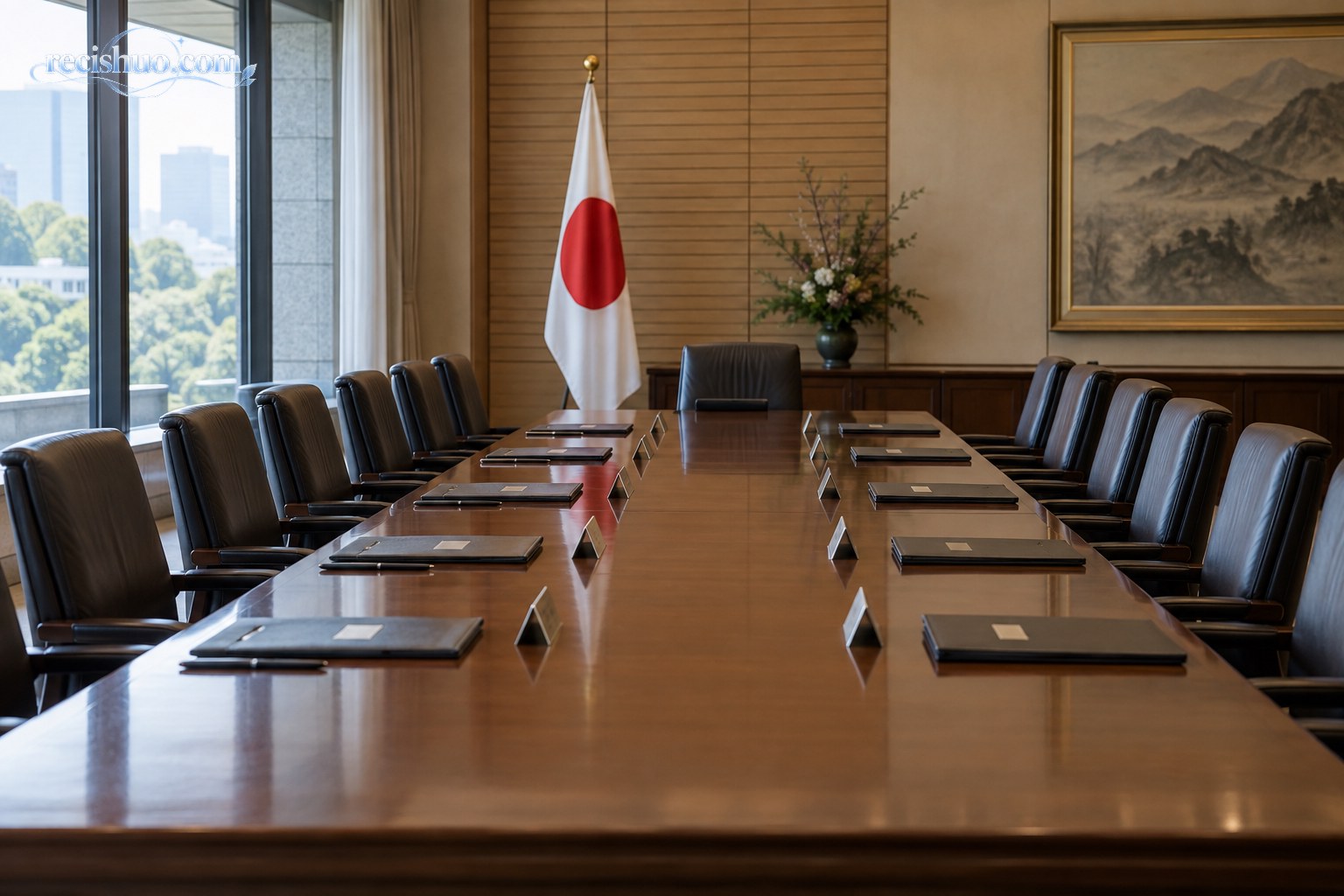 日本政府会议室内整齐摆放文件夹的空席场景