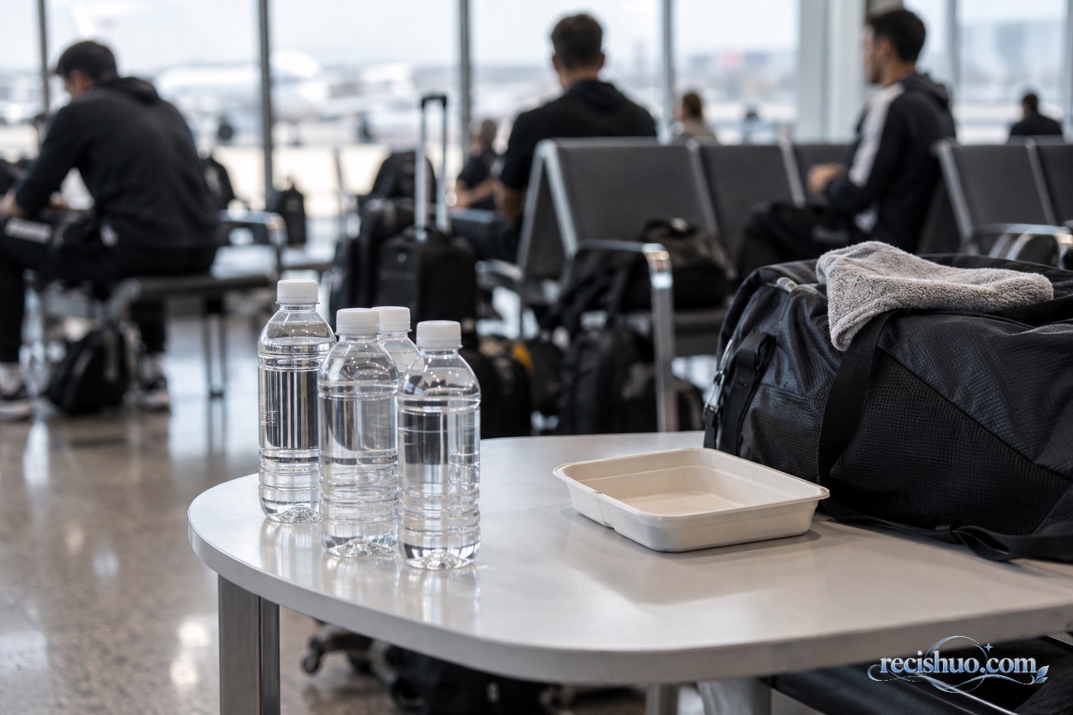 机场等候区桌上只有饮用水和空餐盒的基础补给场景示意图