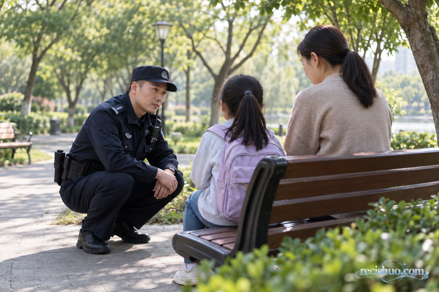 民警在公园耐心倾听女孩讲述情况,监护人在旁陪同