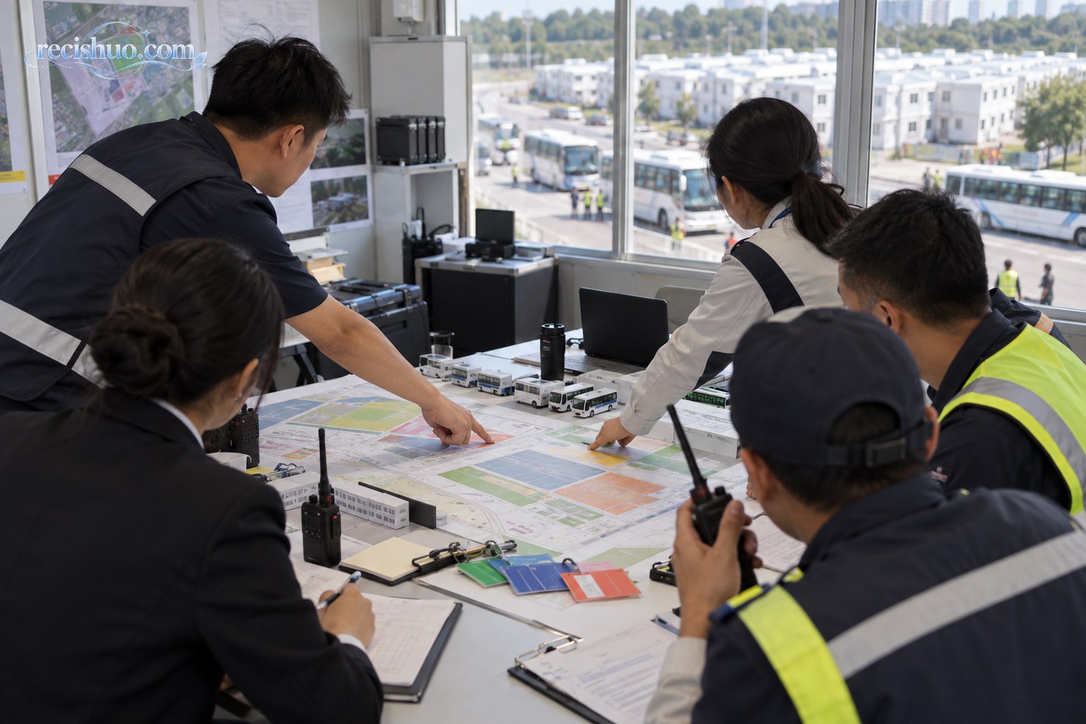 赛事保障人员围绕住宿区域与接驳安排进行现场协调