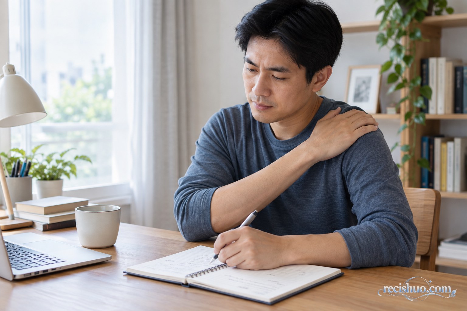 男子轻触肩部并在书桌前记录睡眠感受和不适情况