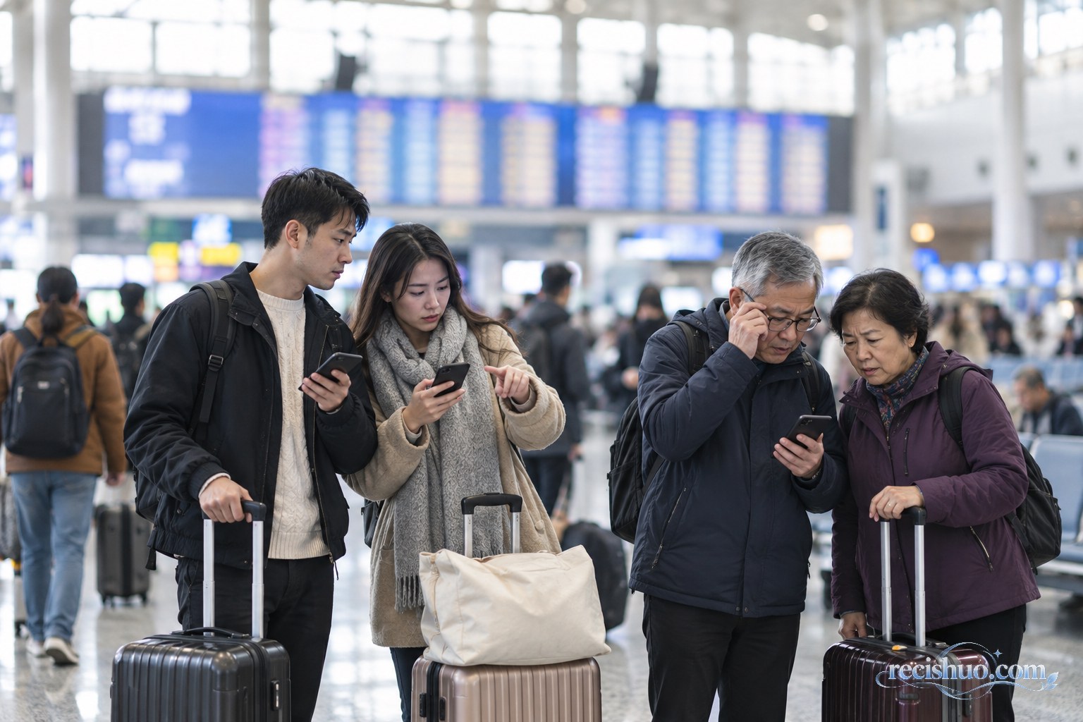 旅客在现代高铁站候车大厅核对手机车票与乘车地点
