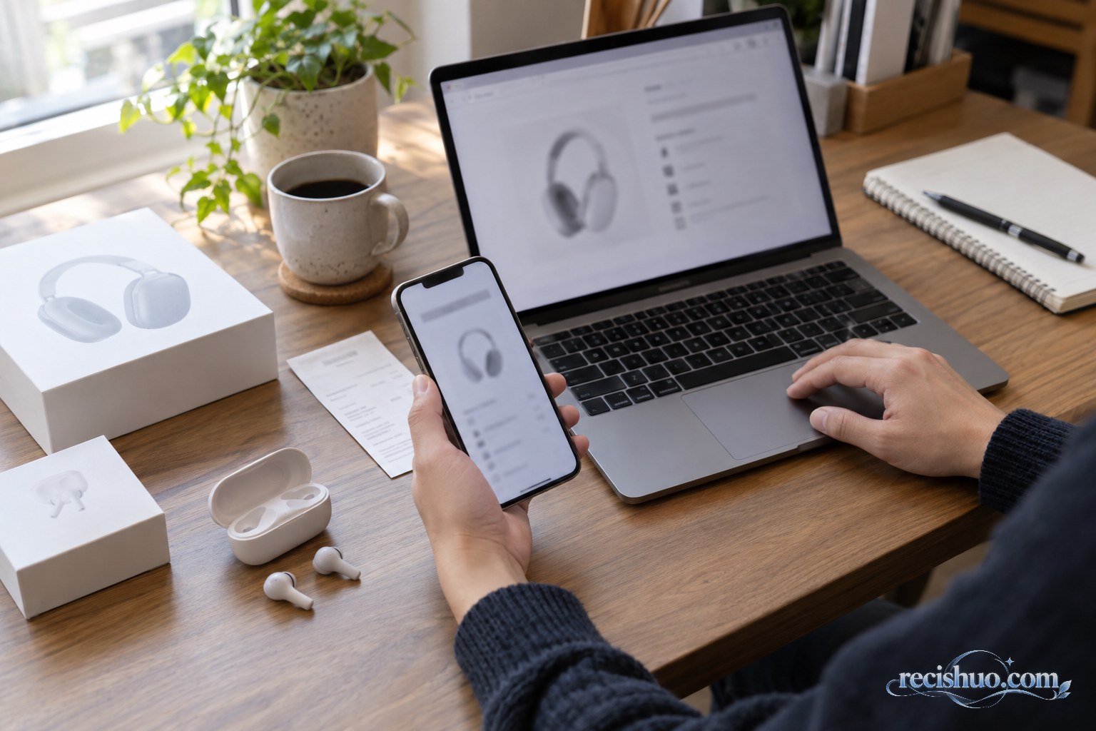 消费者在家中通过电脑和手机核对耳机产品信息