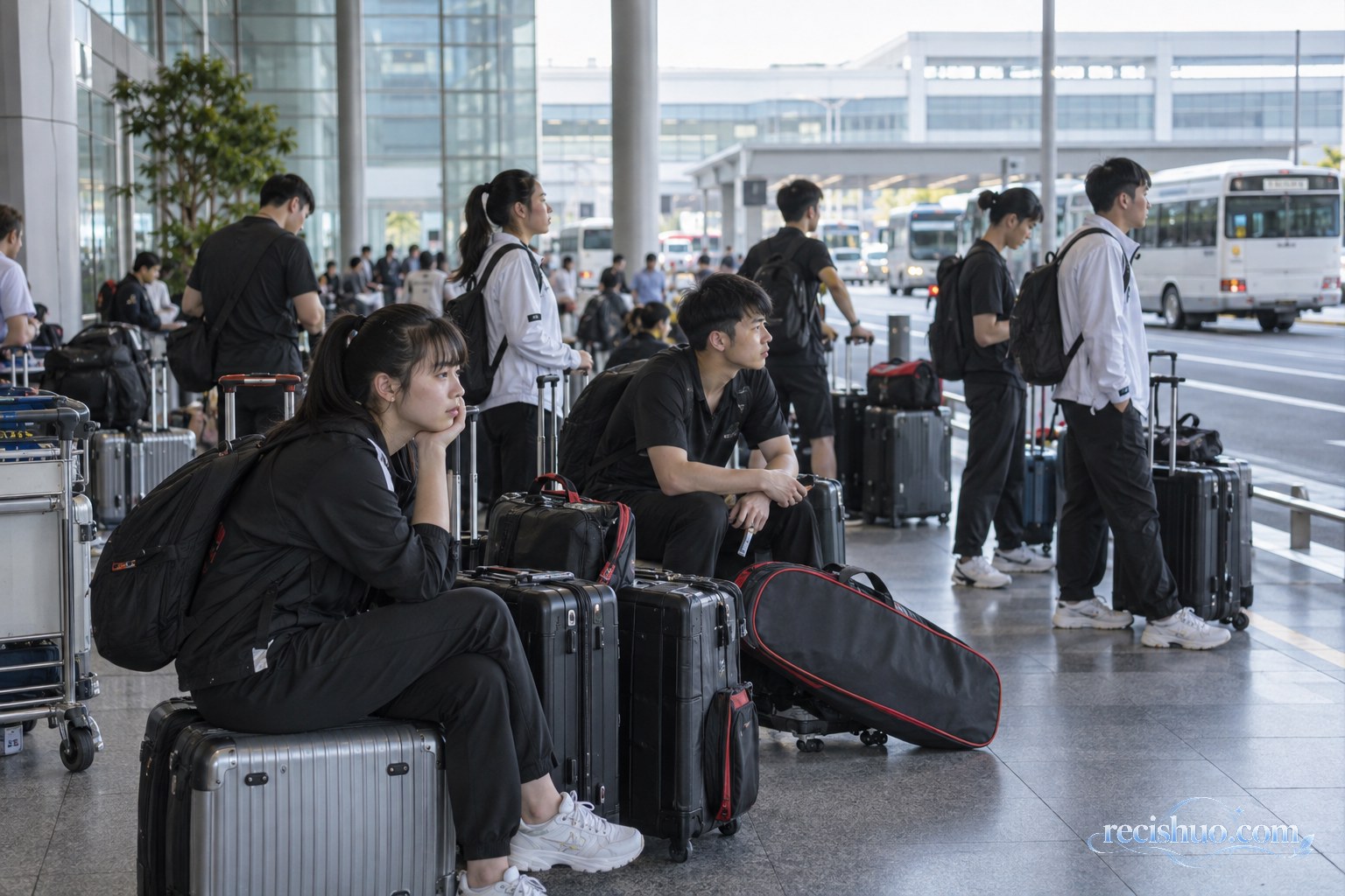 多支体育代表队携带行李和器材在机场接驳区等候车辆
