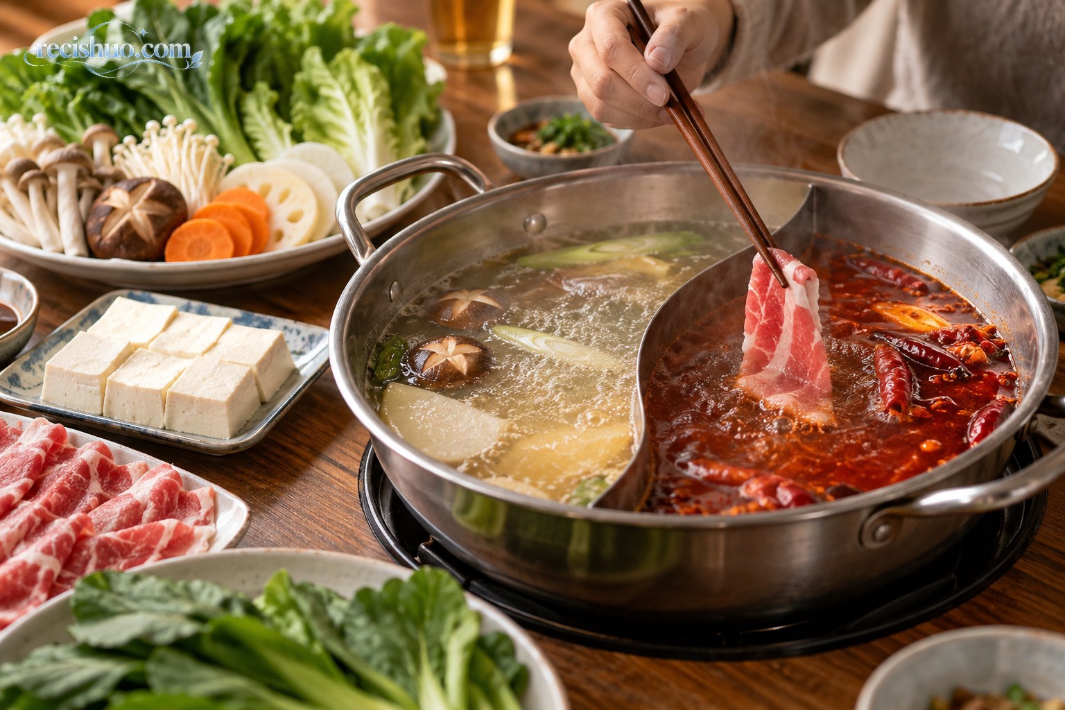 木筷将薄肉片放入鸳鸯锅，周围摆着菌菇、豆腐和新鲜蔬菜