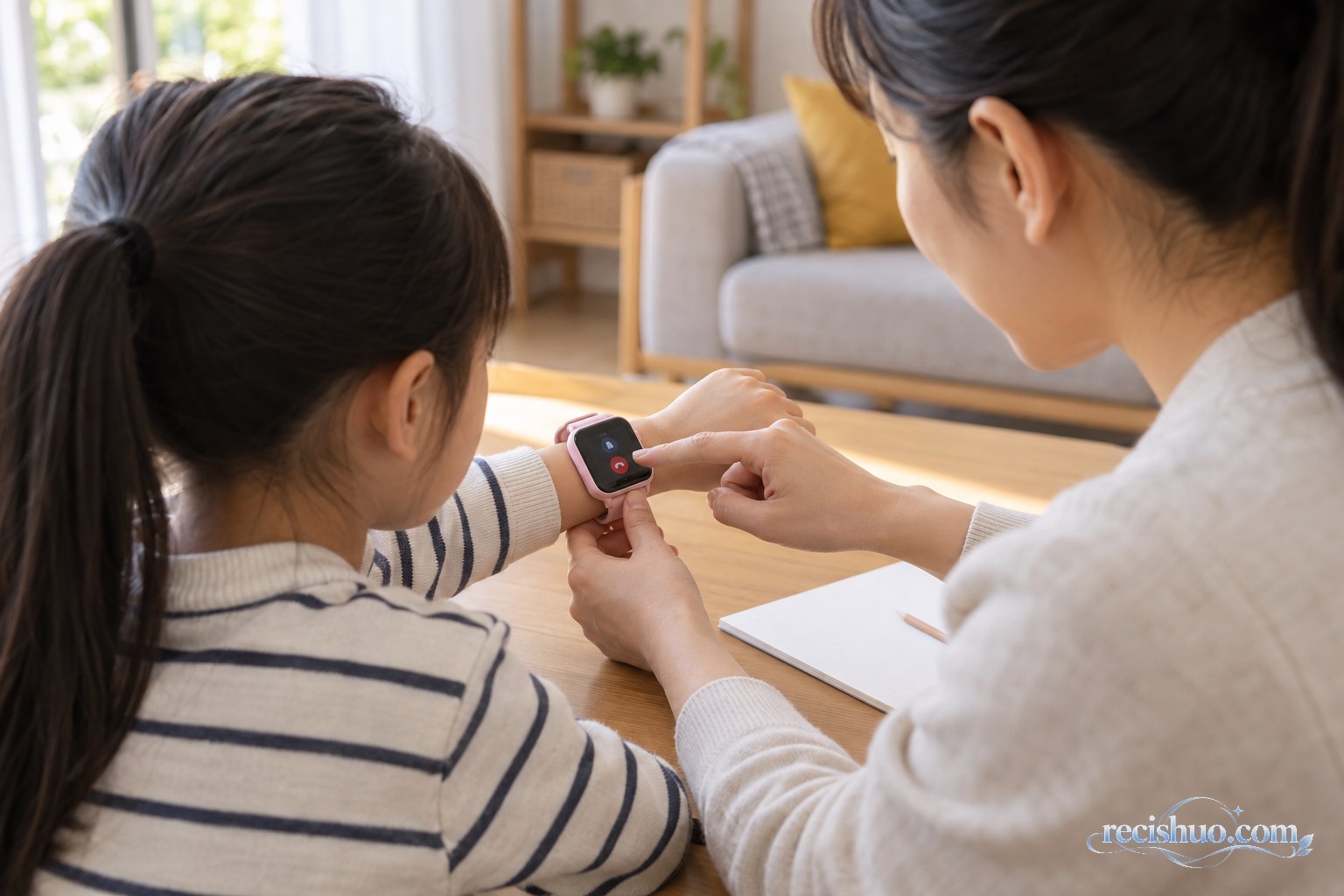 家长在家中教孩子使用电话手表的紧急求助功能