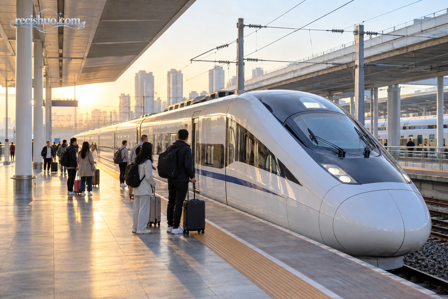 清晨高铁站内旅客携带行李在白色高速列车旁有序候车