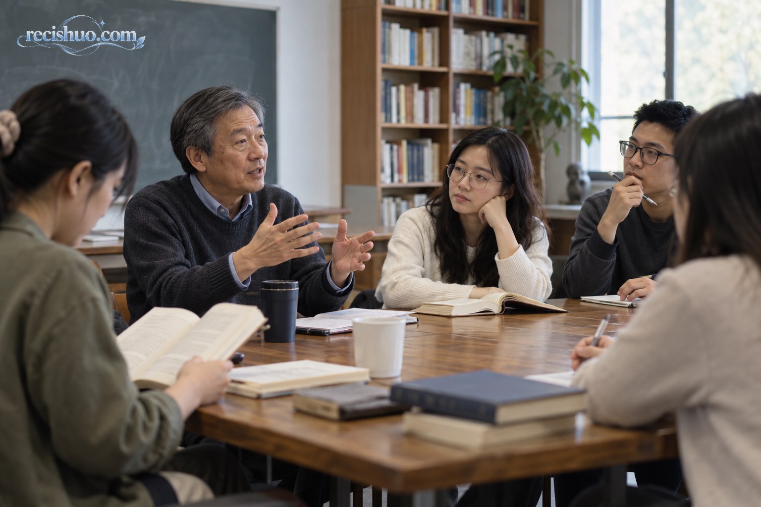 大学文学研讨课上,教师与学生围桌讨论经典诗歌