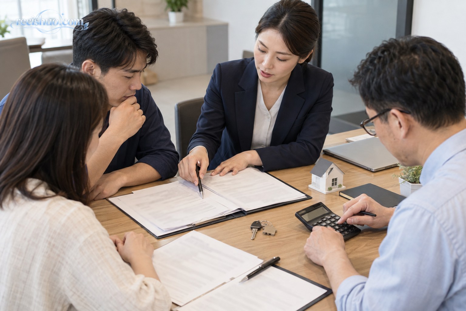 二手房交易参与者围桌核对合同、费用和付款安排