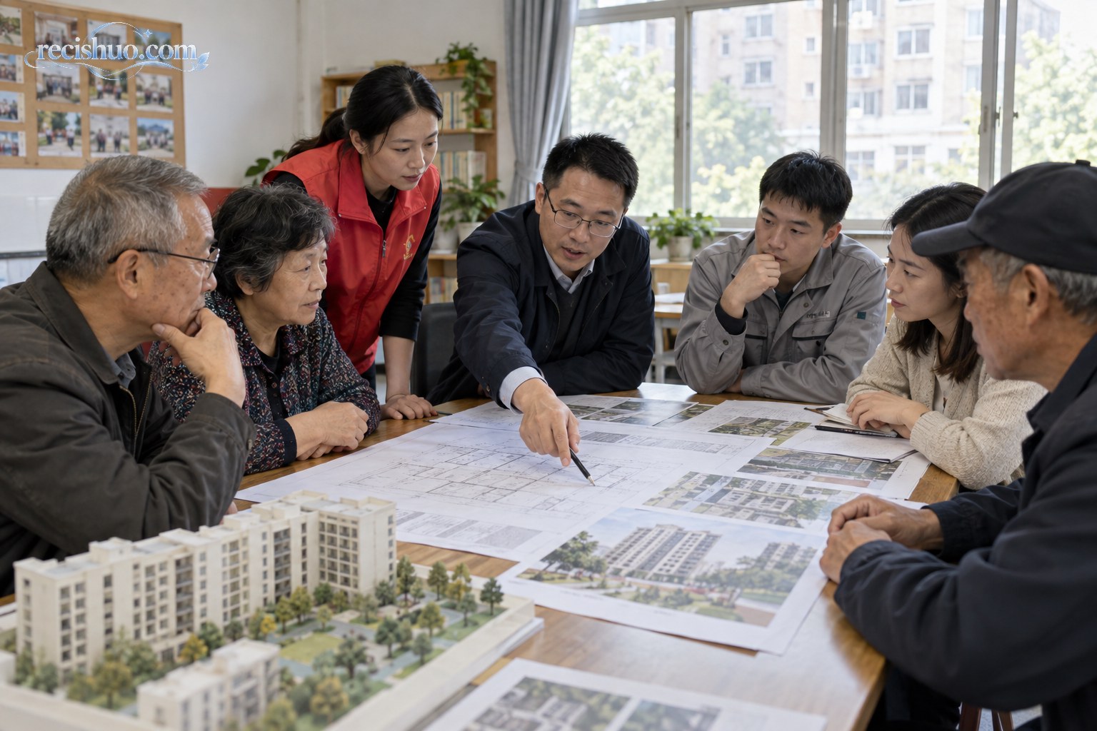社区工作人员、工程人员与居民围绕住宅更新方案进行协商
