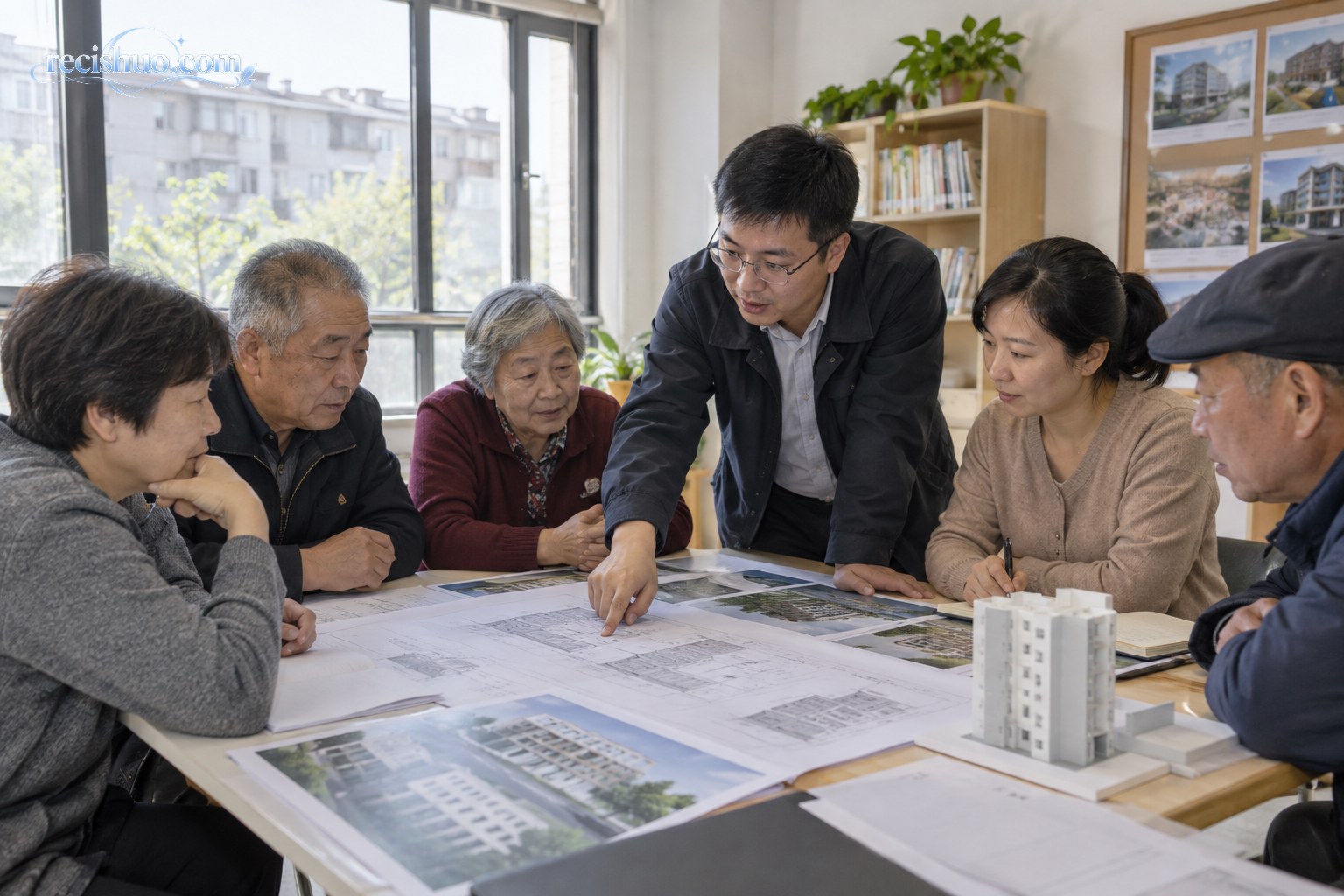 不同年龄的居民在社区活动室共同讨论住宅加装电梯方案