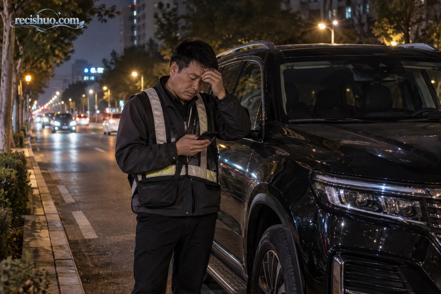 夜间城市道路旁,一名代驾司机在深色大型SUV旁查看手机并显露疲惫神情