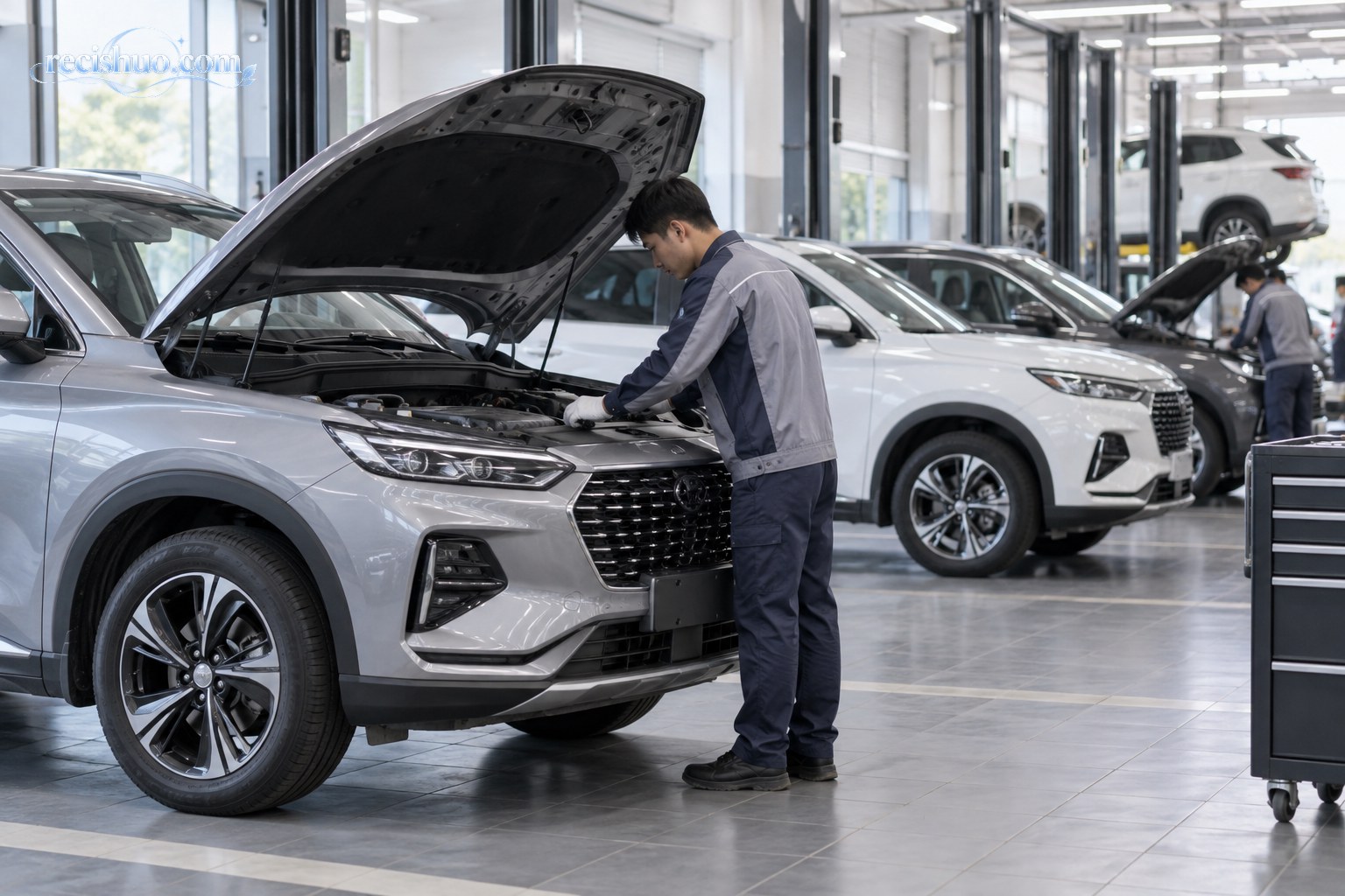 汽车维修服务中心内技师正在检查多辆家用SUV