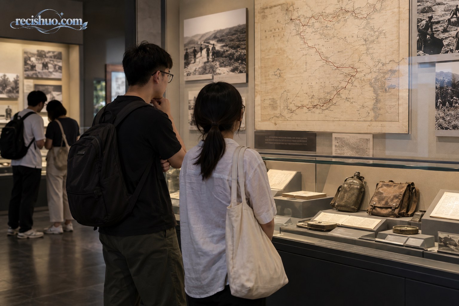 年轻观众在纪念展览中观看路线图与历史物件
