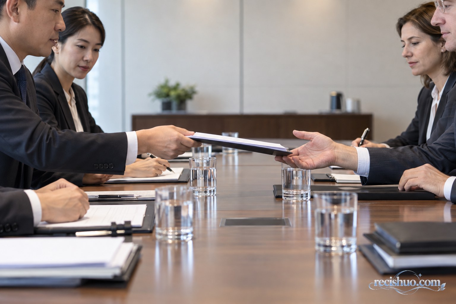 双方事务人员在会议桌前交换文件并进行正式沟通的示意画面