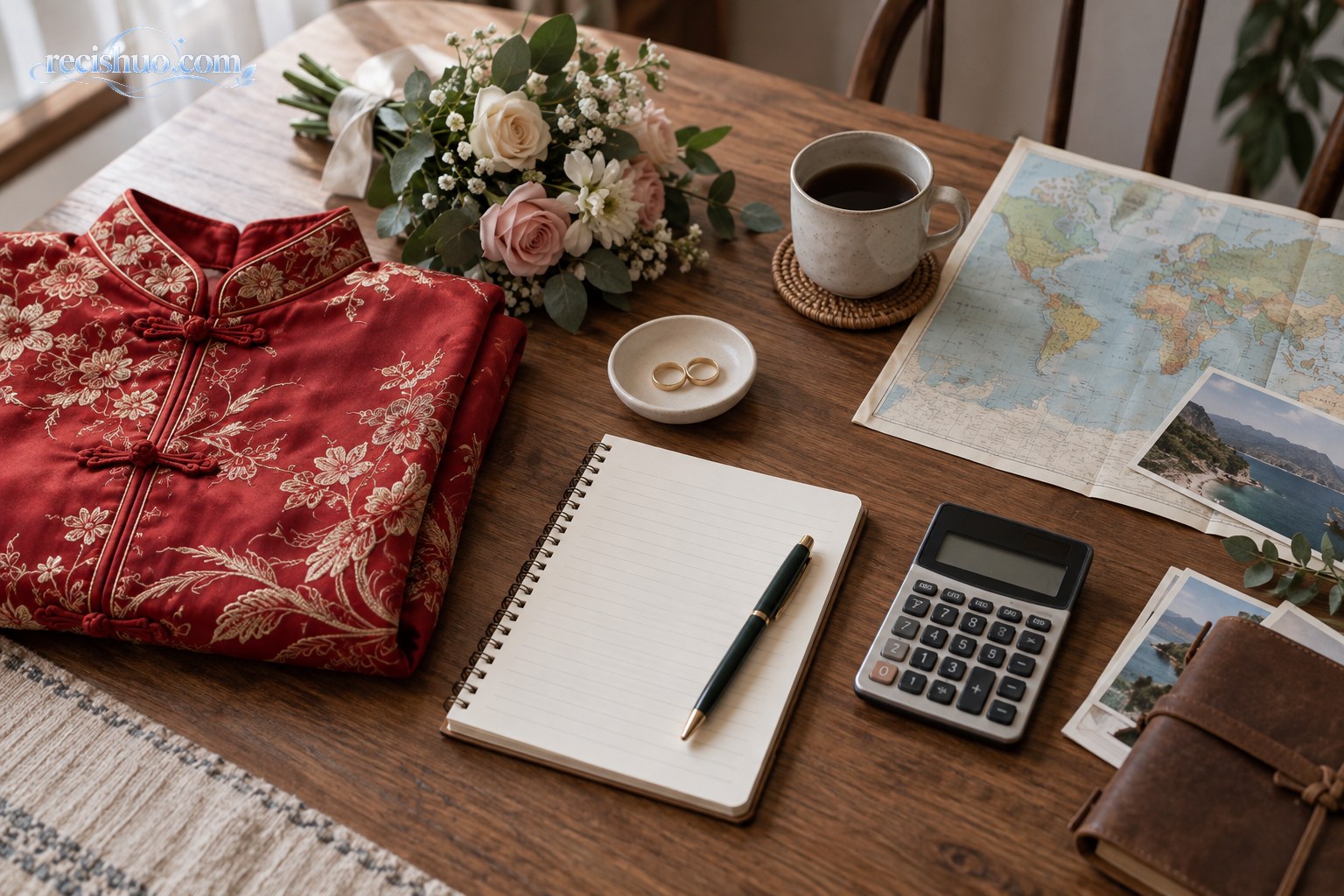 木桌上摆放简约婚服、戒指、计算器和旅行地图,呈现婚礼预算取舍