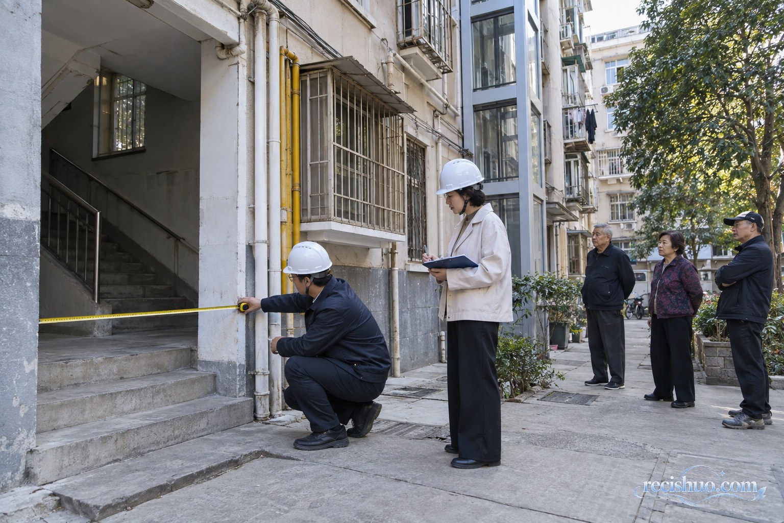 工程人员在老旧住宅入口测量通行空间并检查加装电梯条件