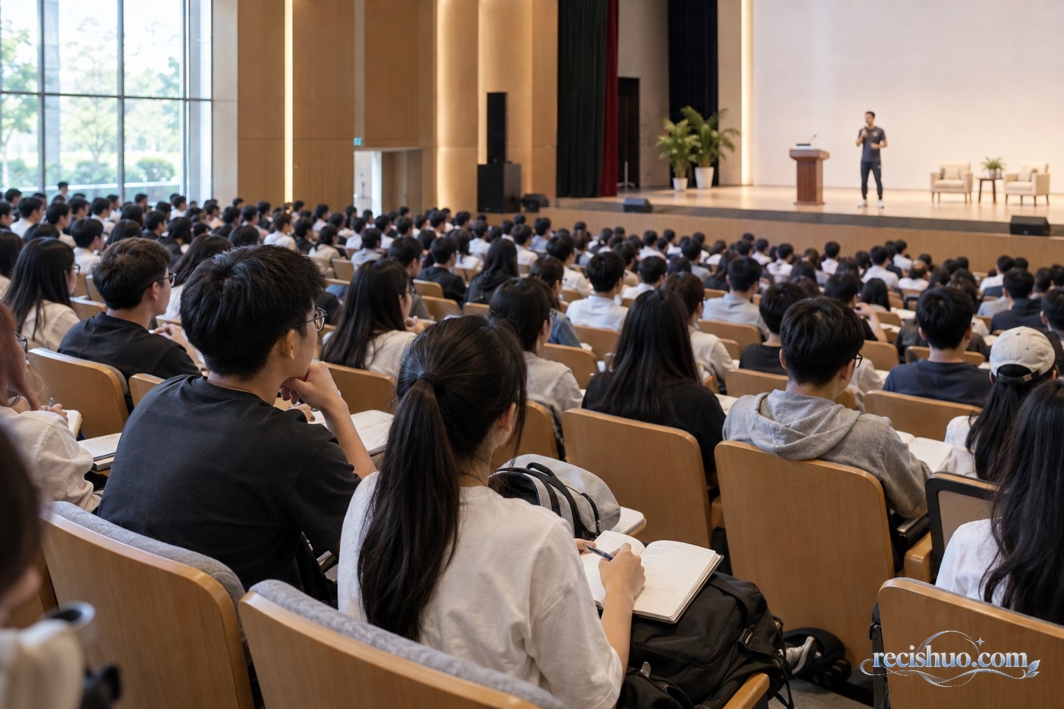 大学生在礼堂内聆听运动员嘉宾分享并认真记录