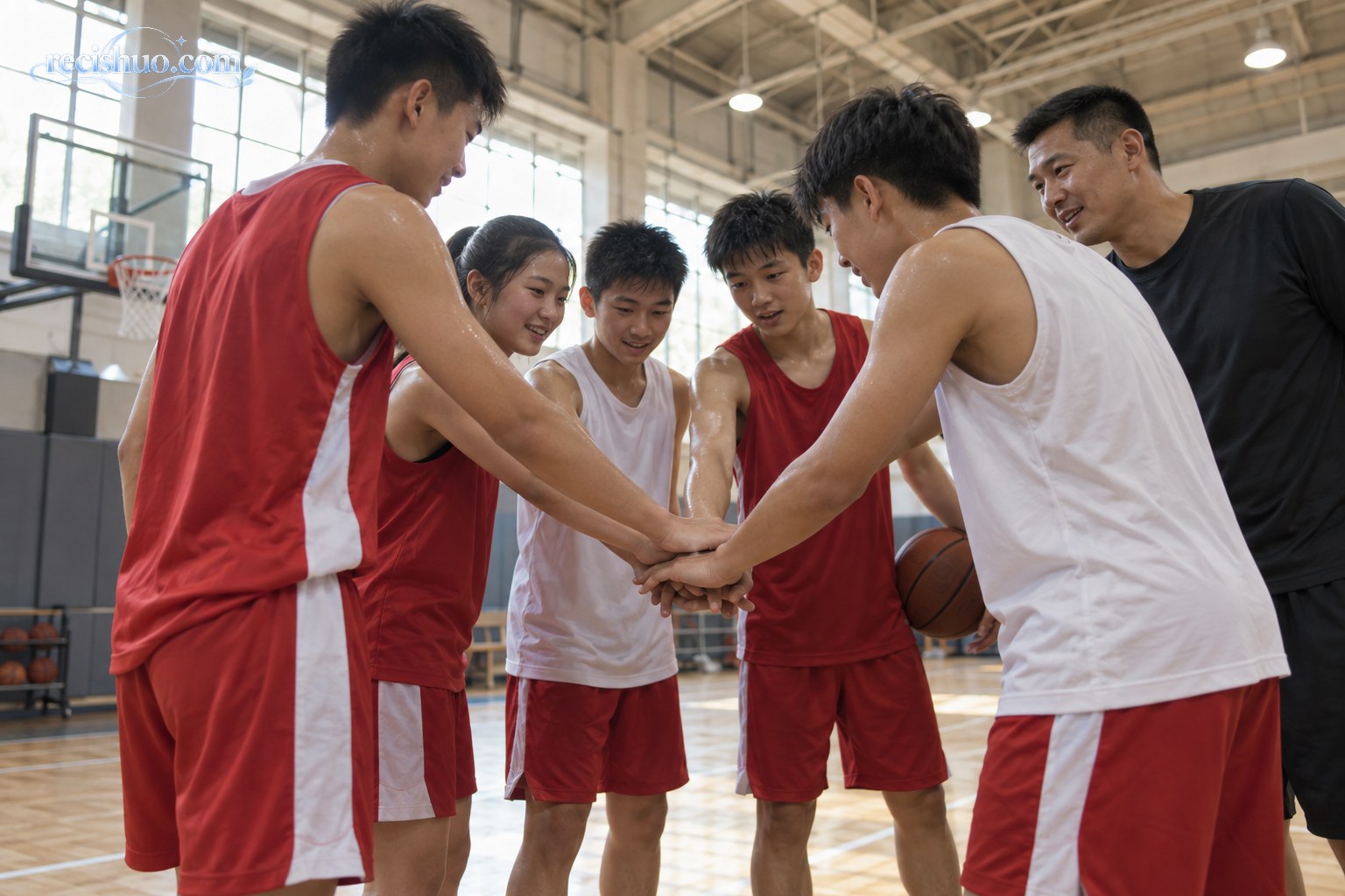 青少年篮球队员训练后围成一圈叠手打气