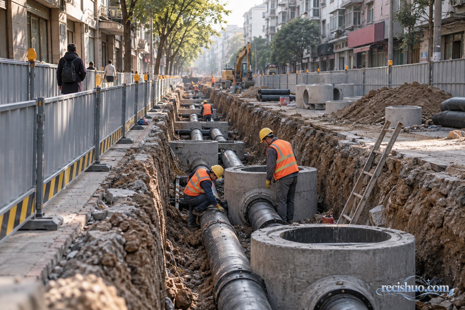 城市支路进行地下雨污管网改造,施工区与居民通行空间分开设置