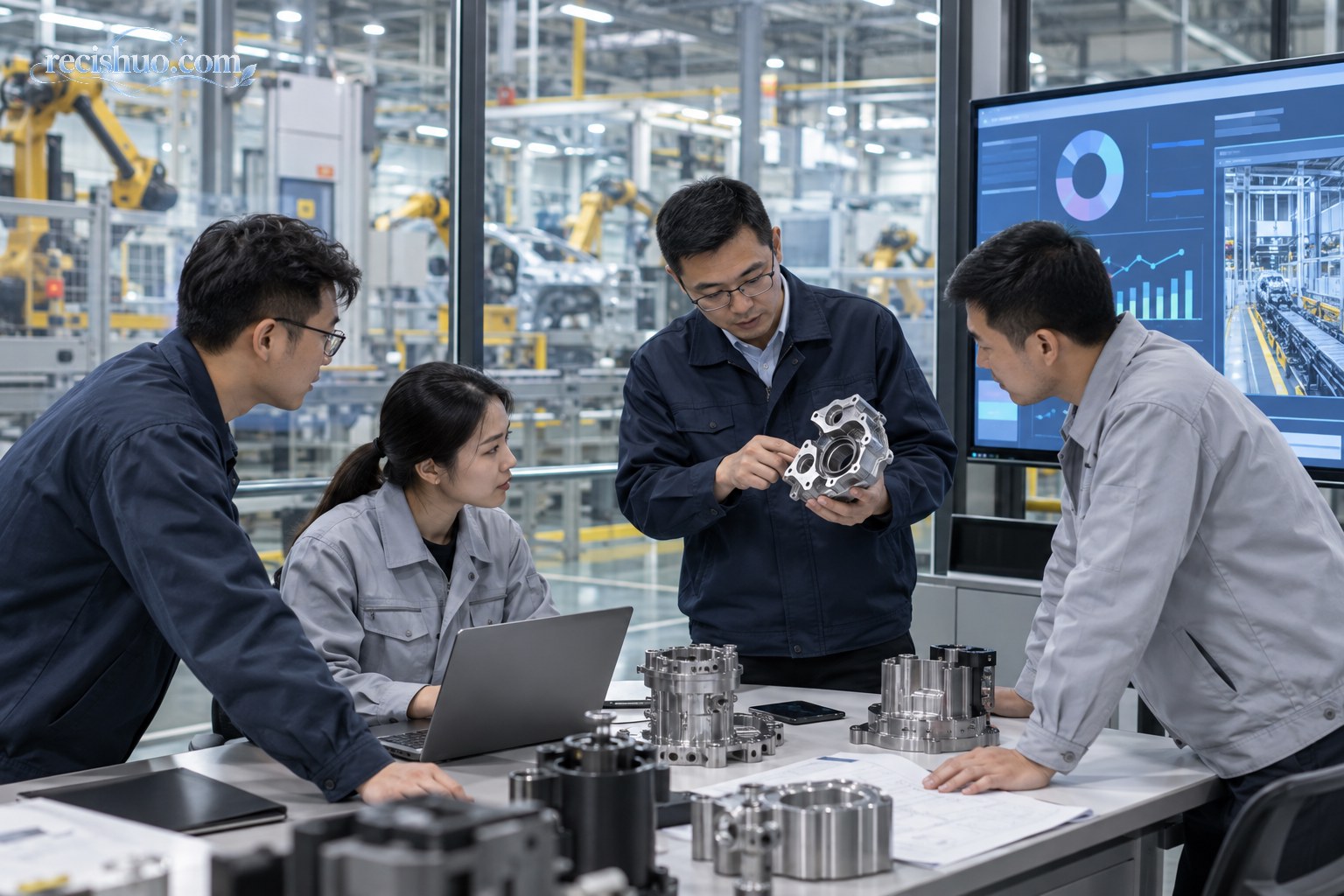 精密加工车间内技术人员指导年轻操作员进行工件检测