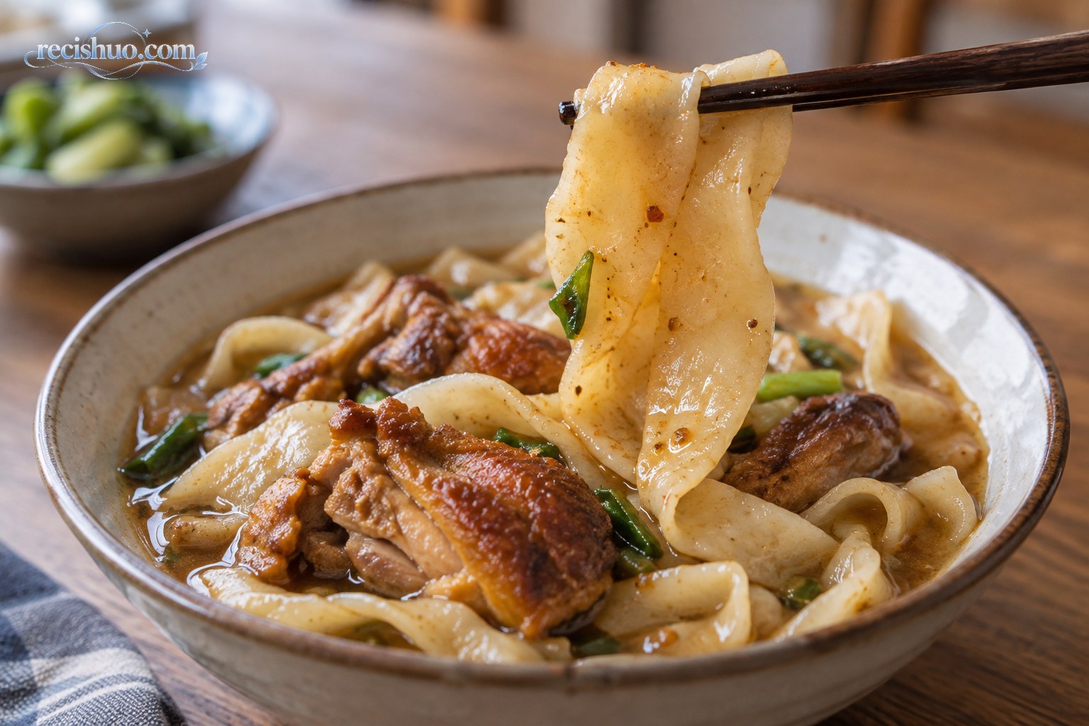 筷子从煎鸡面片碗中夹起裹着汤汁的宽面片,碗内可见煎香鸡块