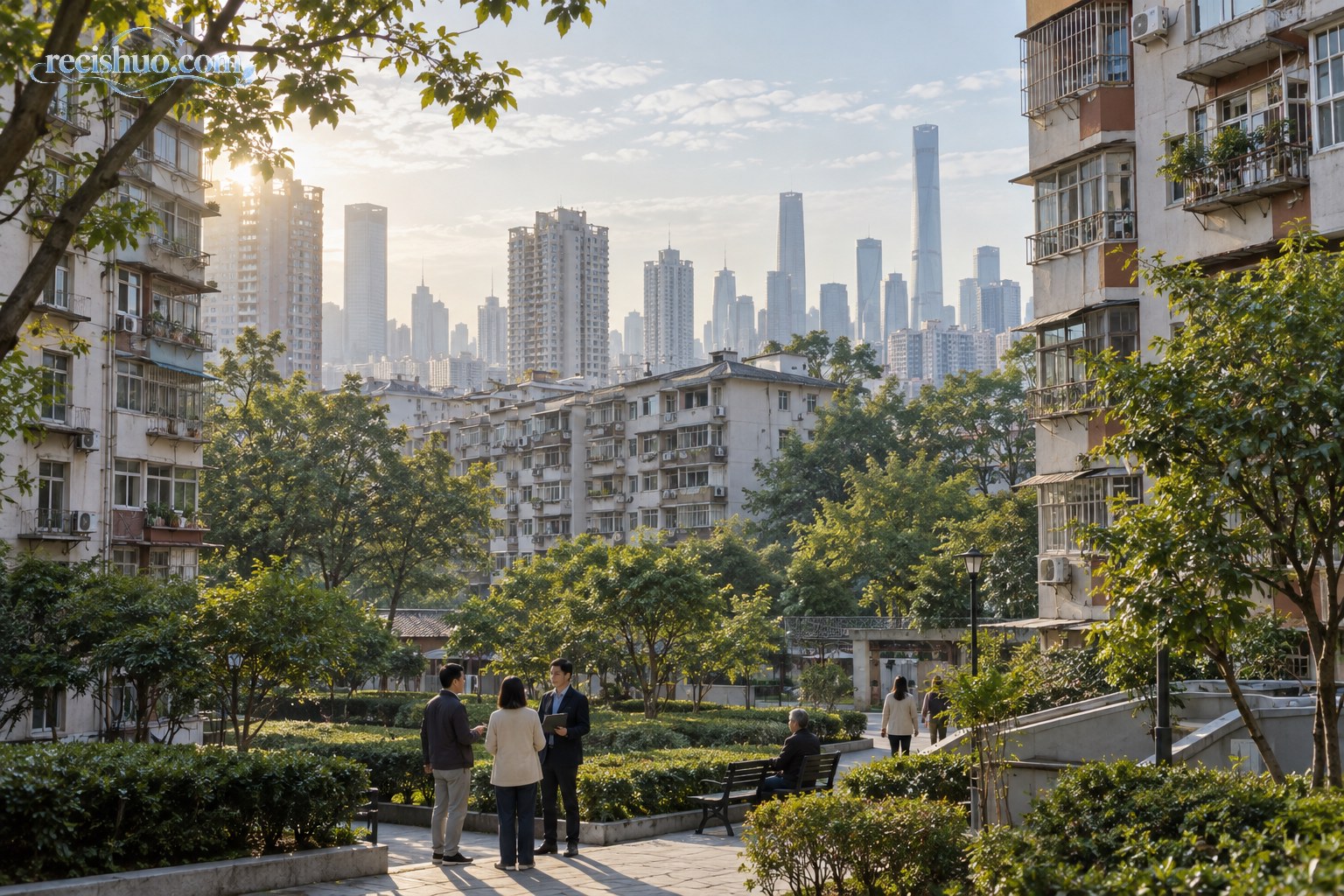 清晨阳光下成熟住宅社区与远处城市天际线相映,居民和看房者在公共区域交谈