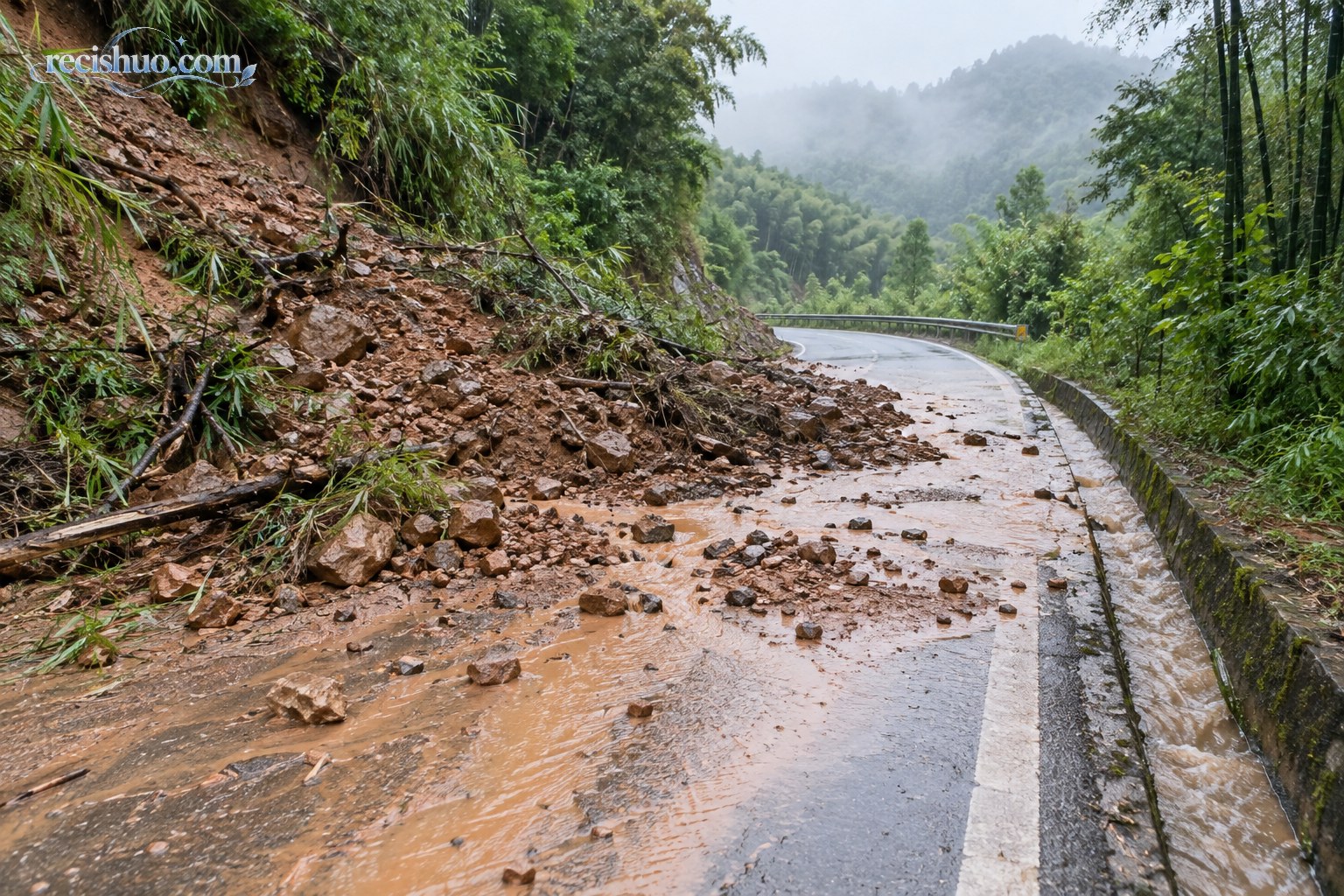 泥土碎石与积水阻挡山区弯道路面的场景