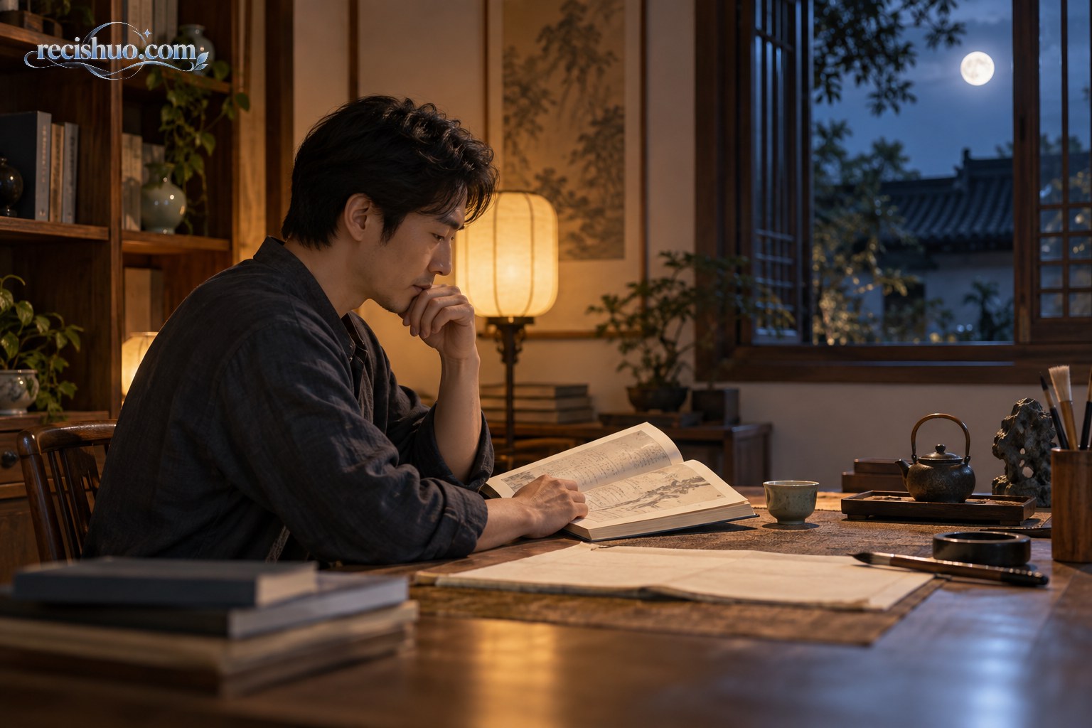 月夜书房里,一位读者在暖灯下翻阅古诗选本并凝神思考