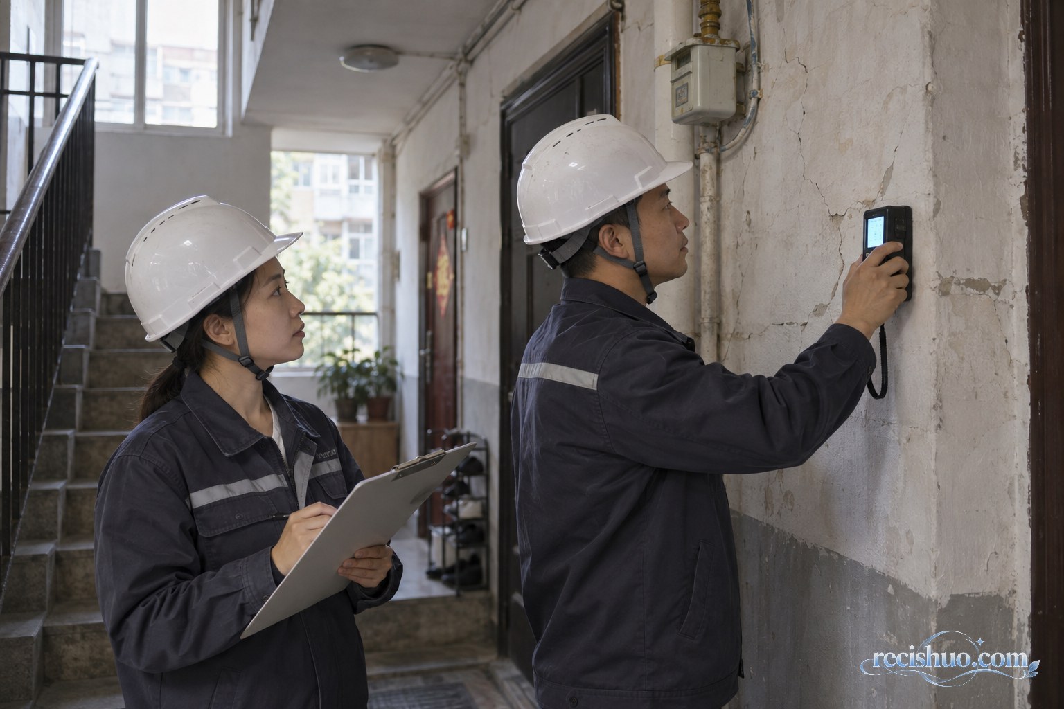 专业人员在老旧住宅楼道内使用仪器检查墙体状况