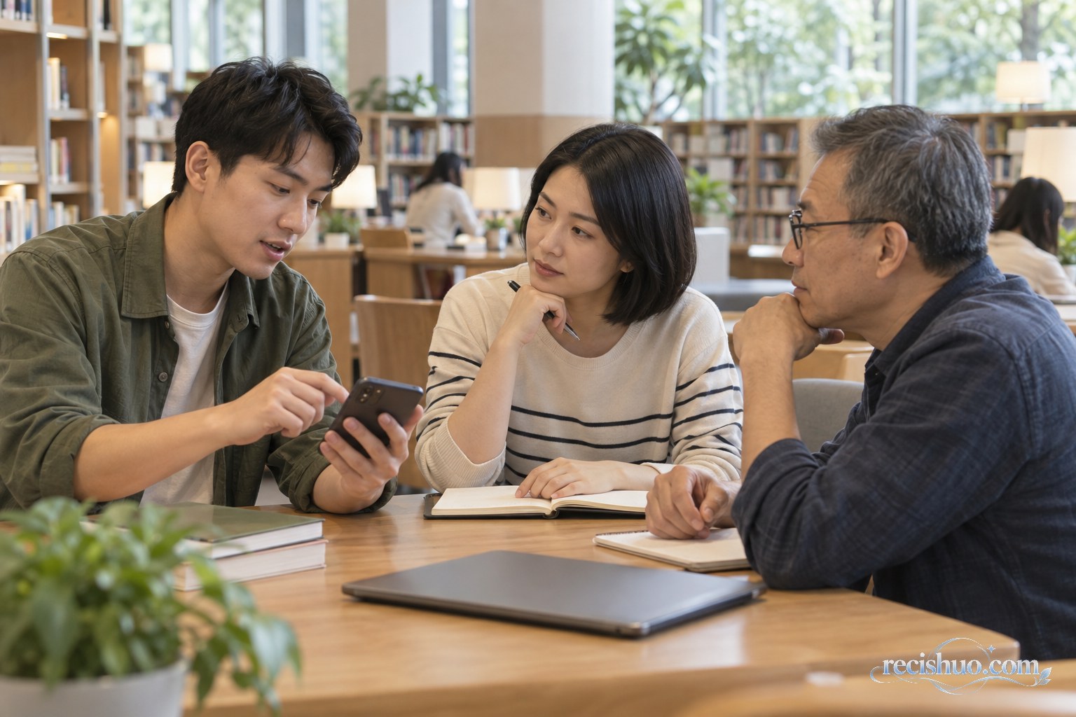 不同年龄的读者在图书馆查阅来源并理性讨论公共事件