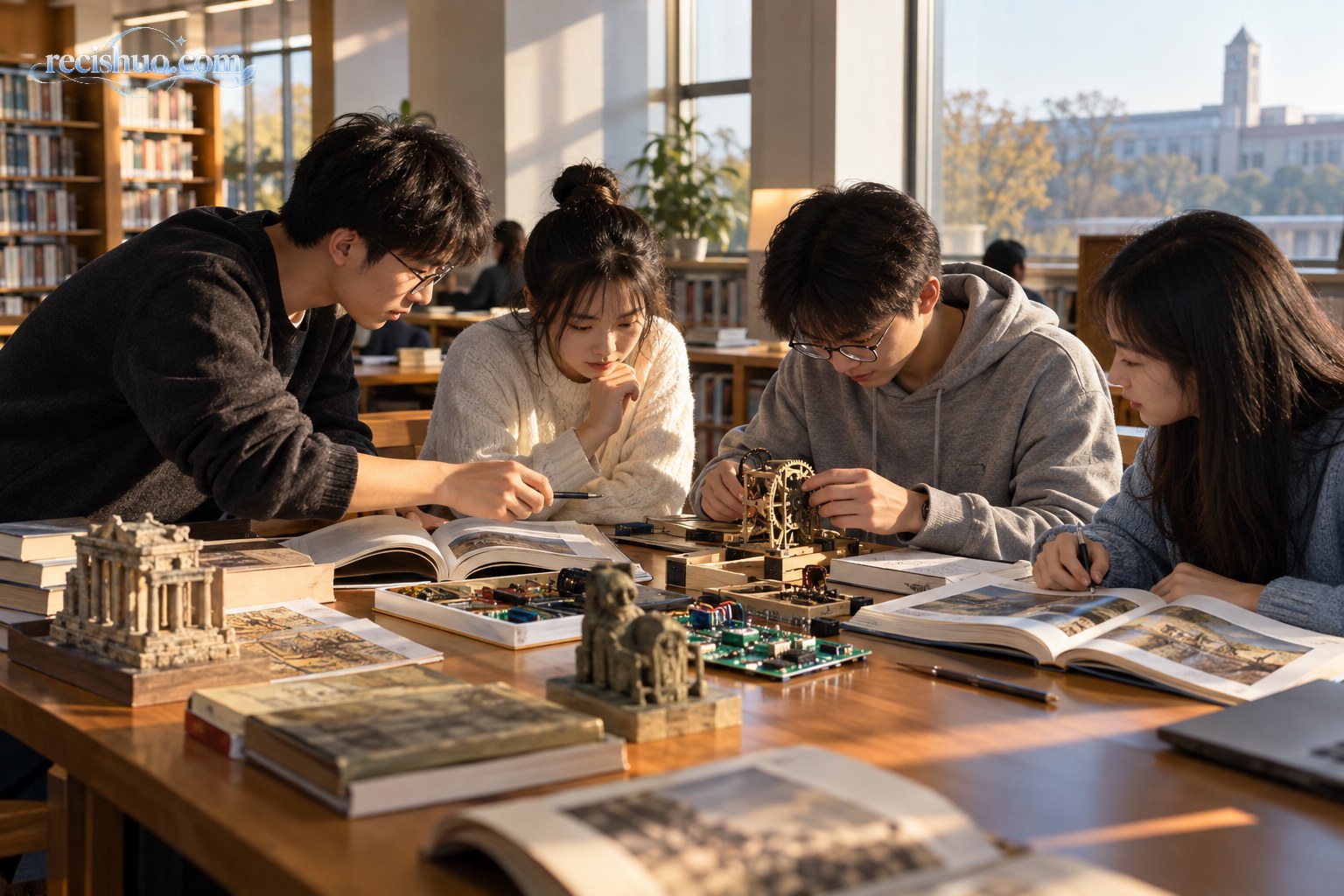 大学生在图书馆结合历史资料、机械模型与电路元件开展学习